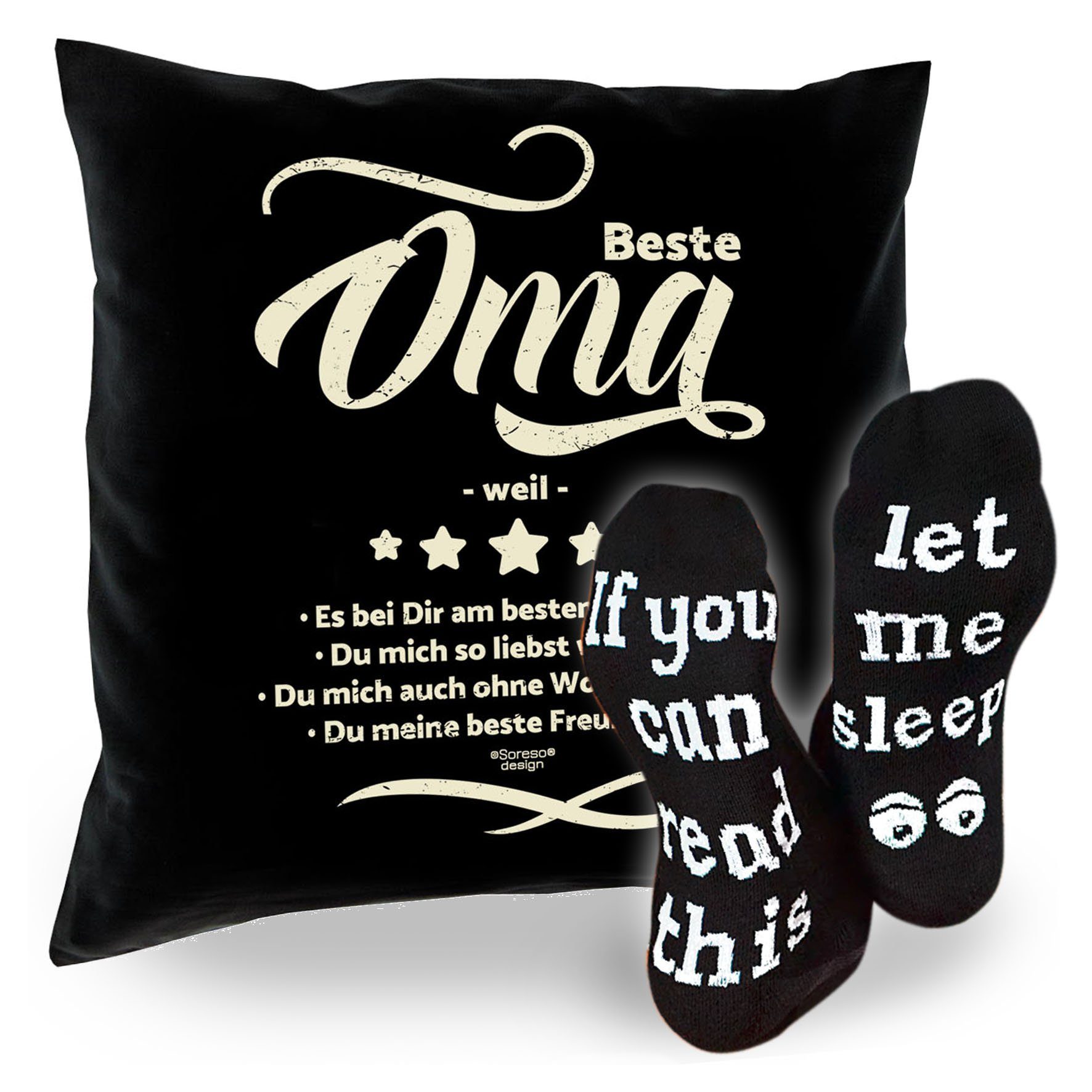 Soreso® Geschenke Beste Kissen Großmutter schwarz Geschenkidee & weil Sprüche Dekokissen Sleep, Socken Oma für