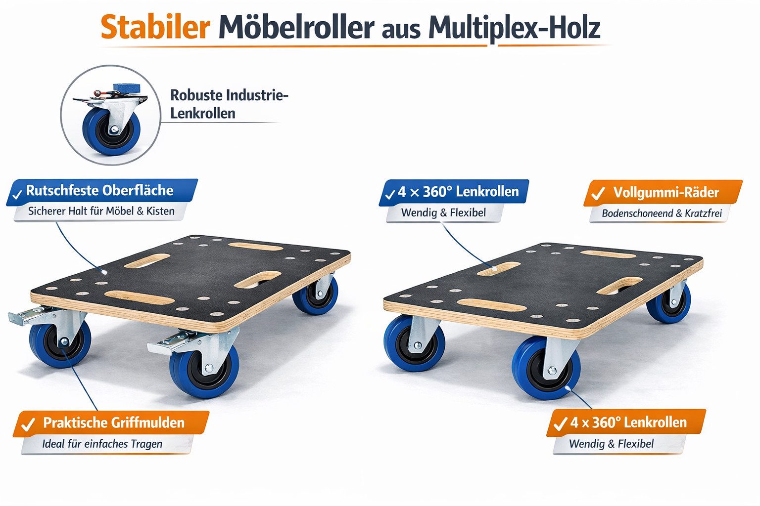 Easy Act GmbH Rollbrett Rollbrett Möbelroller aus Multiplex bis 800 kg, Ideal für Umzug, Werkstatt, Lager und Haushalt
