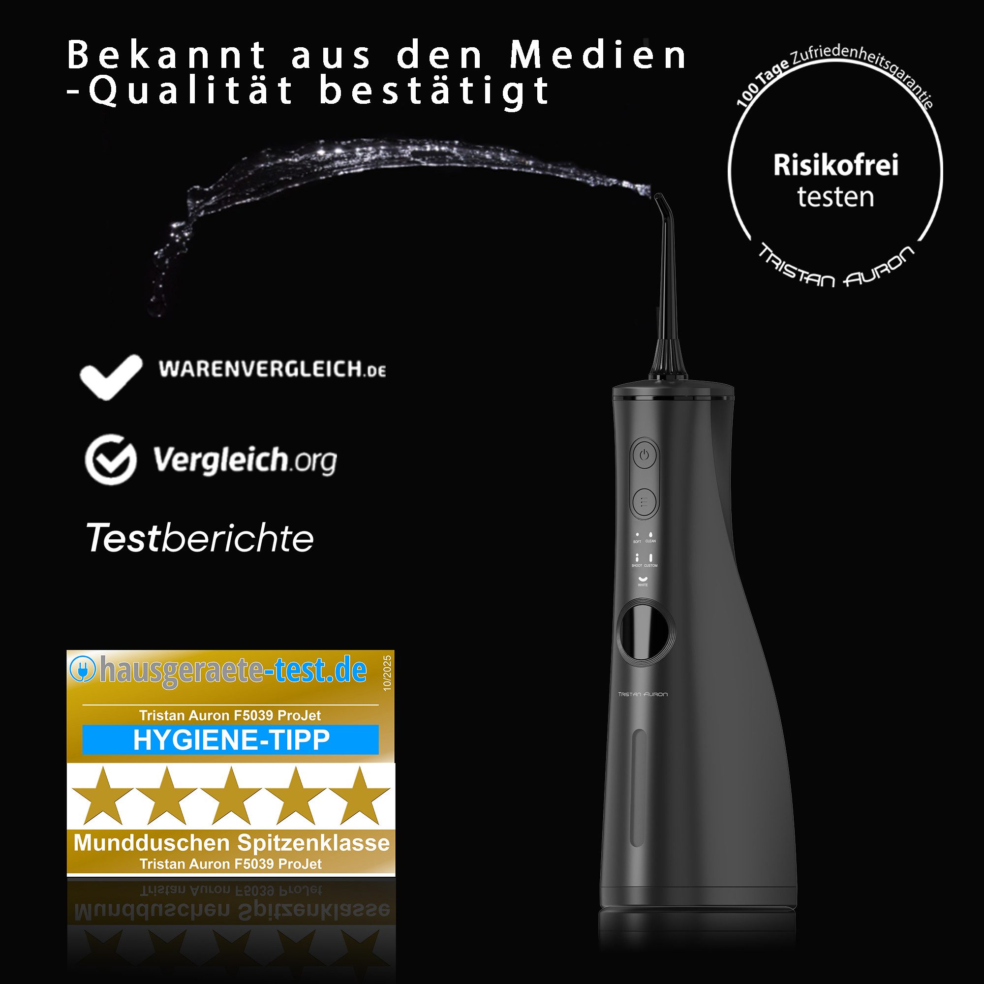 Tristan Auron Munddusche mit 6 Ersatzdüsen und Reisetasche ProJet Water Flosser, Aufsätze: 6 St., 5 Modi,300ml Tank,8 Stufen,LCD,2min Timer,Spezialdüsen,Wasserdicht