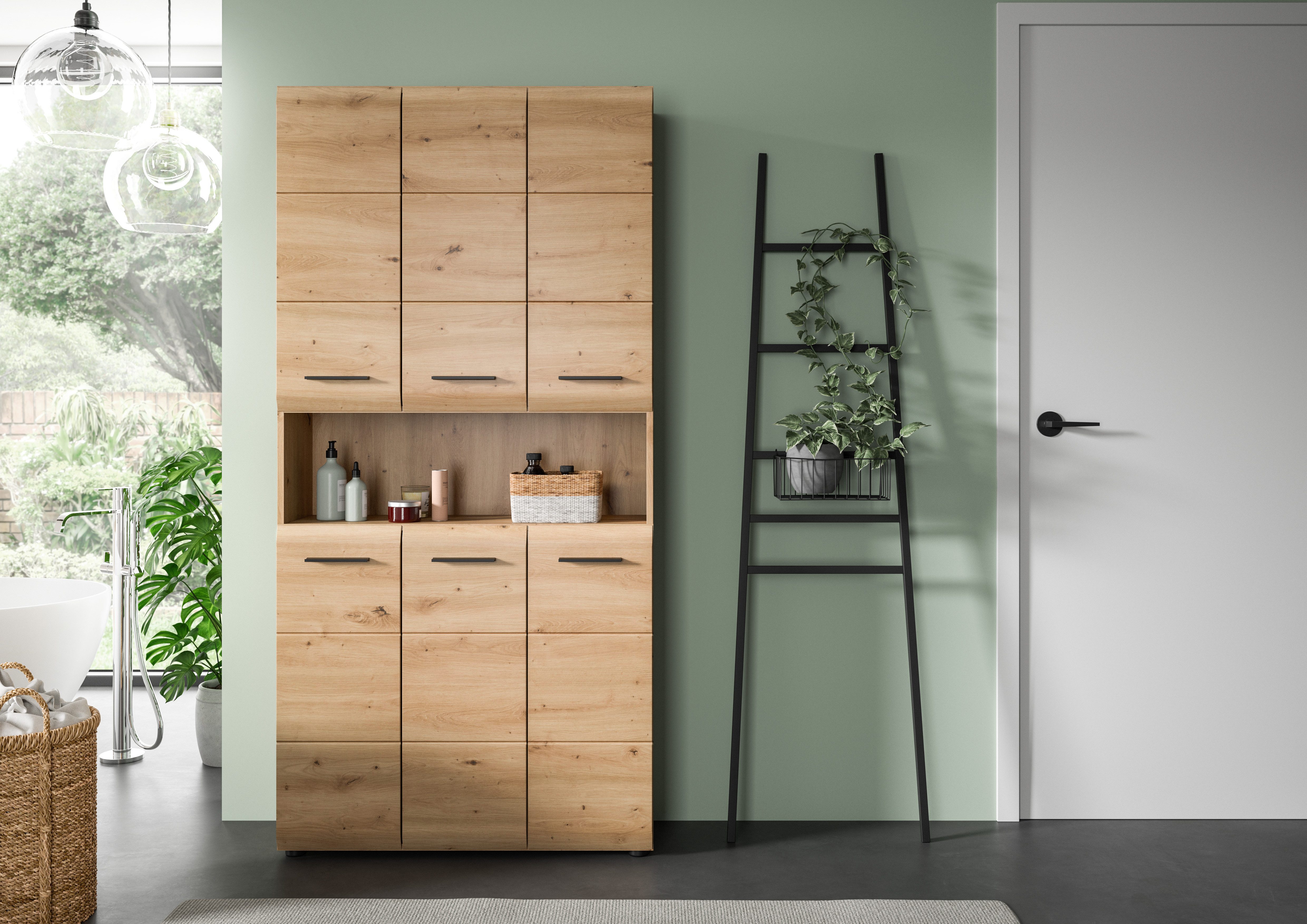 welltime Stauraumschrank FLORENZ, Höhe 185 cm, 4 oder 6 Türen, viel Stauraum (1-St., TOPSELLER) hochwertige MDF Front, Griff schwarz, Badschrank, Bad – Bild 5 von 5