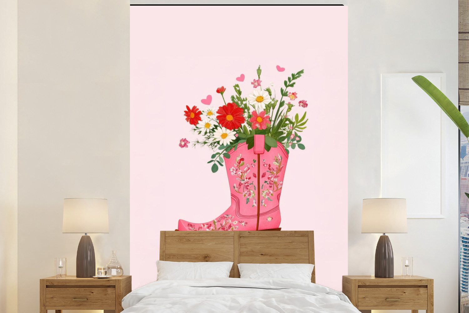 MuchoWow Fototapete Cowboystiefel - Rosa - Strauß - Blumen, Matt, bedruckt, Montagefertig Vinyl Tapete, Wandtapete, 145x220 cm