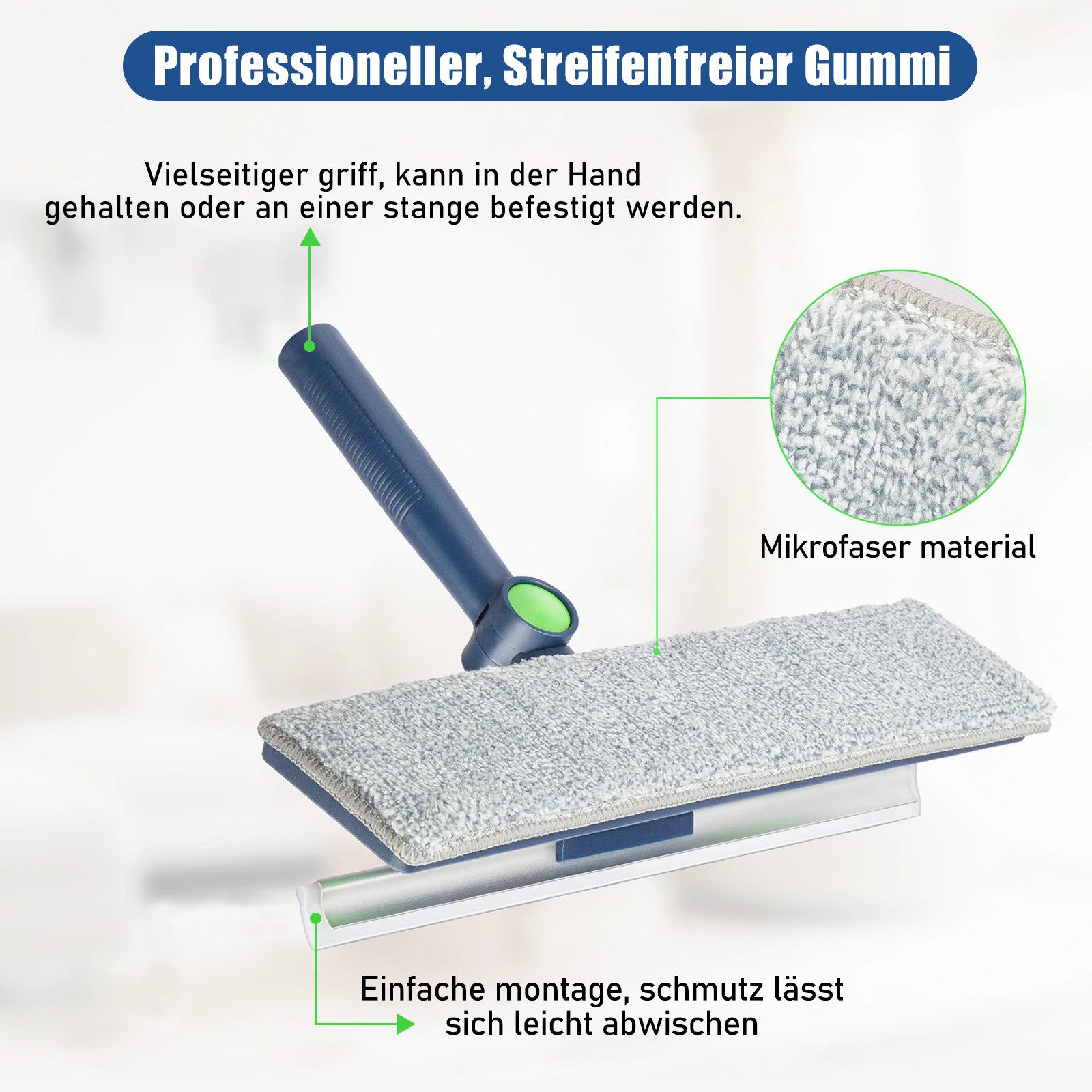HUGERSTONE Fensterreiniger 2in1 Fensterputzer mit Teleskopstange (10-63inch) und Fensterabzieher, (1 x Fensterreiniger 1 x Fensterabzieher 2 x Reinigungstücher) Profi Fensterreinigungsset mit 2 Wischmopps für Bad, Fenster, Glas