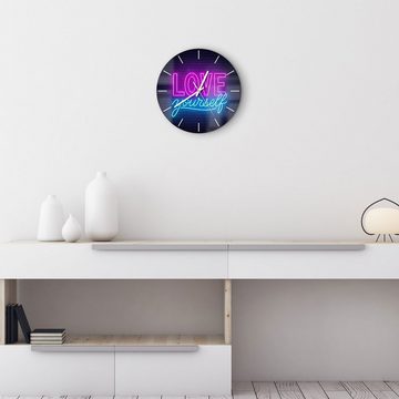 DEQORI Wanduhr 'Neonschrift Selbstliebe' (Glas Glasuhr modern Wand Uhr Design Küchenuhr)