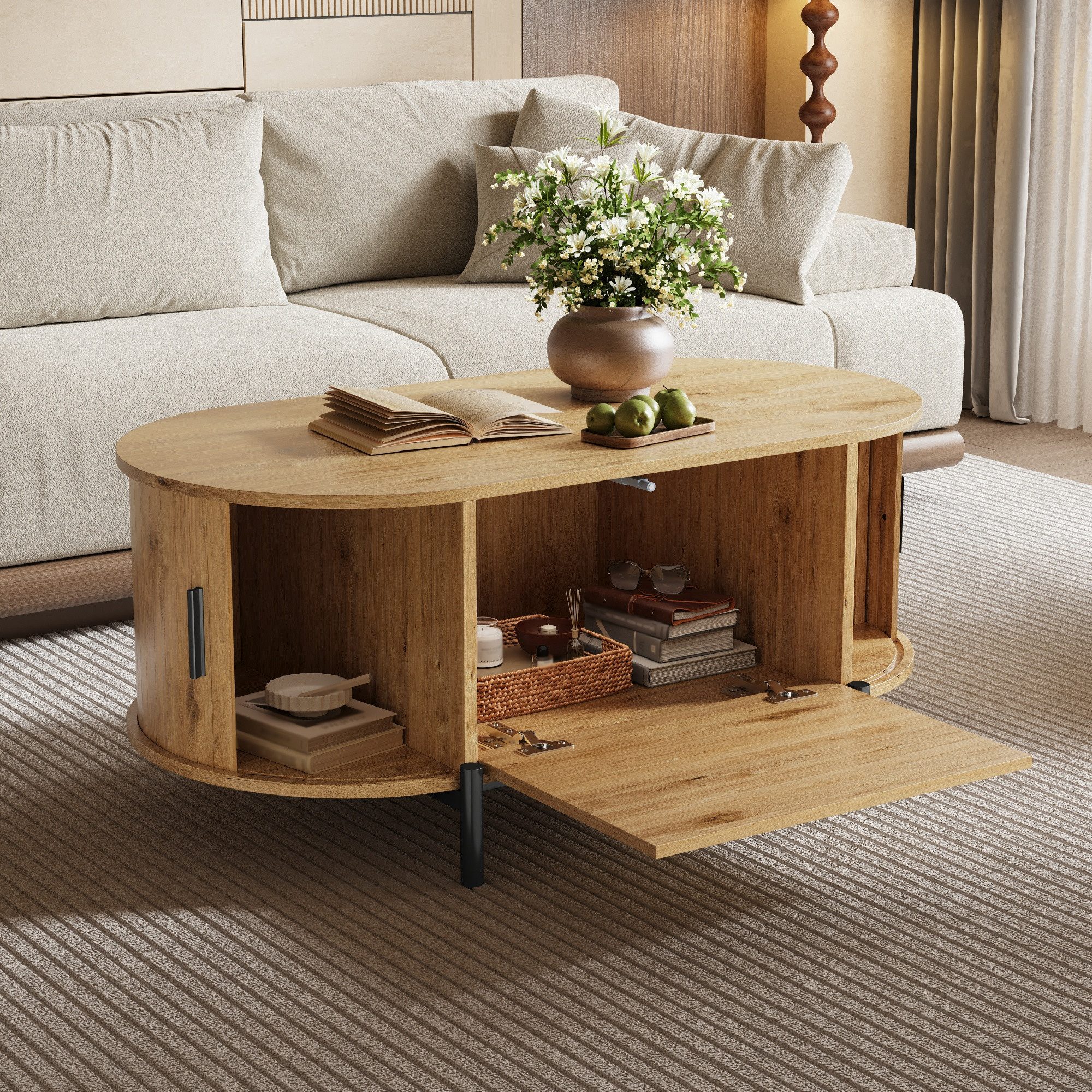 Merax Couchtisch Oval Sofatisch Skandinavisch Beistelltisch mit Rattan-Oberfläche (100 x 50 x 40 cm, 1-St), Wohnzimmertisch mit Klapptür, 2 Schiebetüren, Staura – Bild 2 von 5