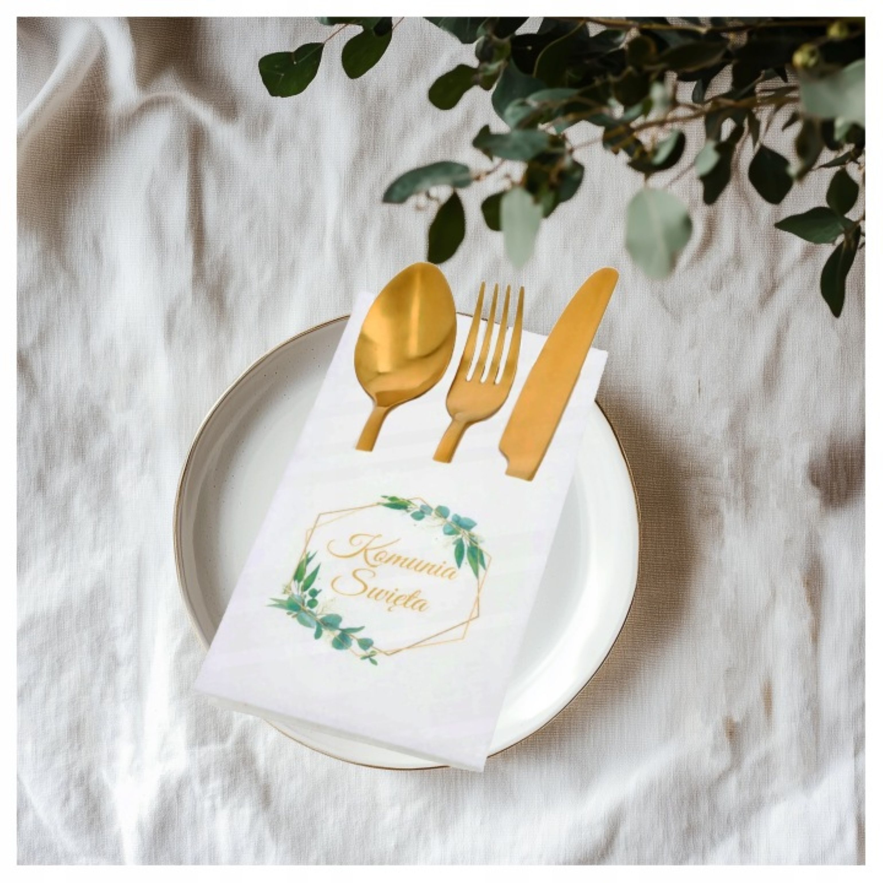 Festivalartikel Kommunionskarte Kommunion Deko Servietten & Bestecktaschen Weiß Gold Set