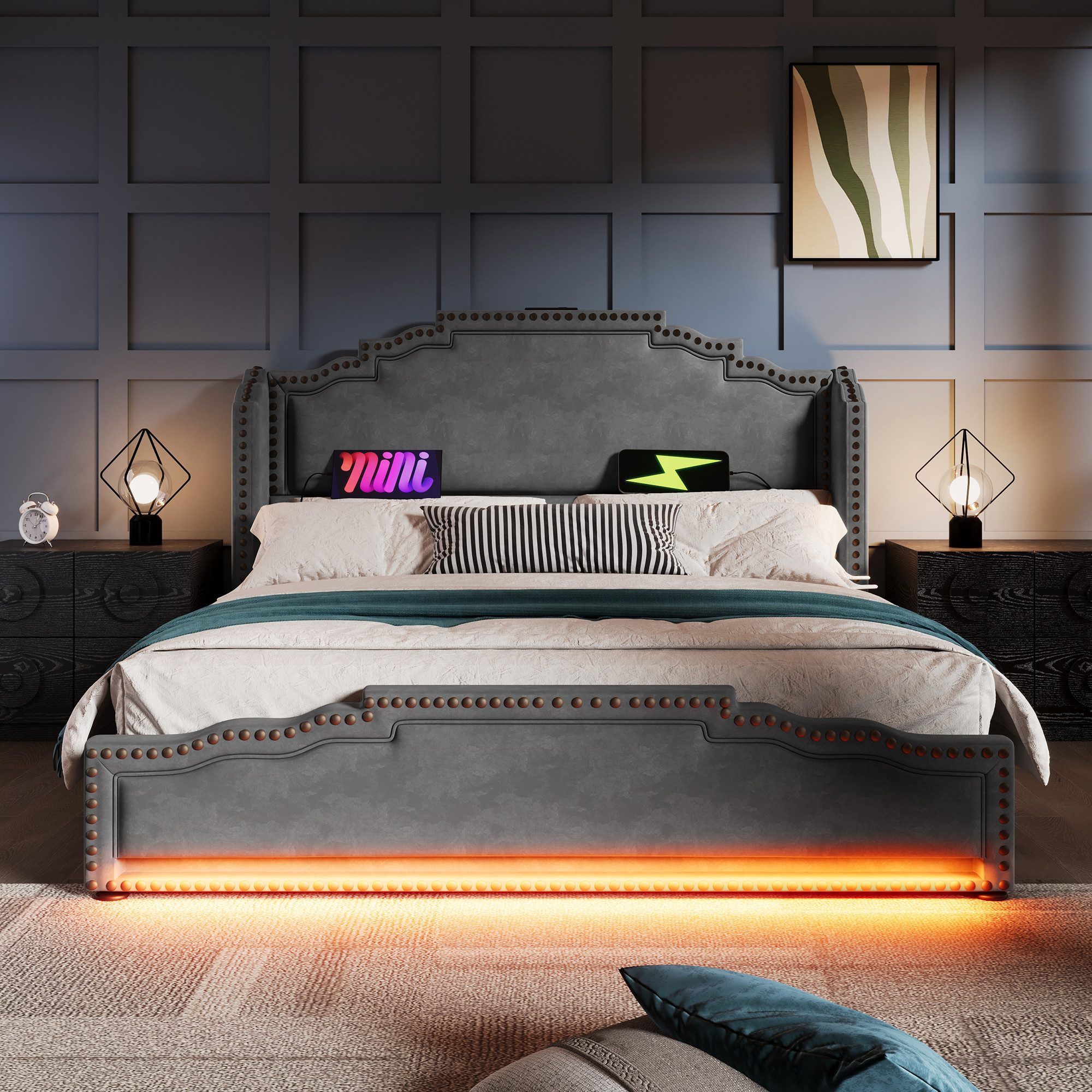Flieks Polsterbett, Doppelbett 180x200cm mit LED-Beleuchtung 4 Schubladen und USB-Aufladen