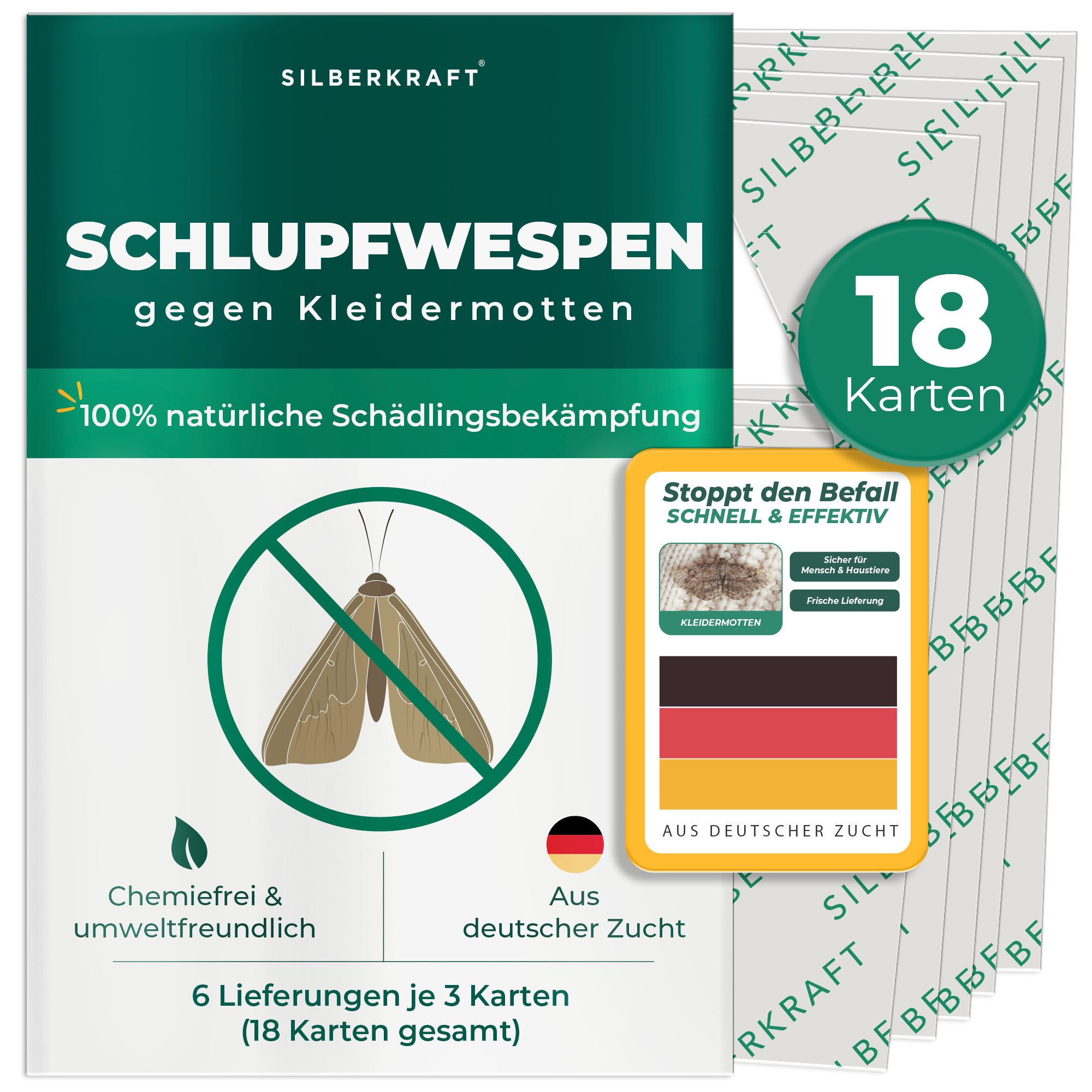 Silberkraft Insektenvernichter Schlupfwespen gegen Kleidermotten - Natürliche Mottenbekämpfung, 6 Lieferungen je 3 Karten (18 Karten gesamt) über 18 Wochen