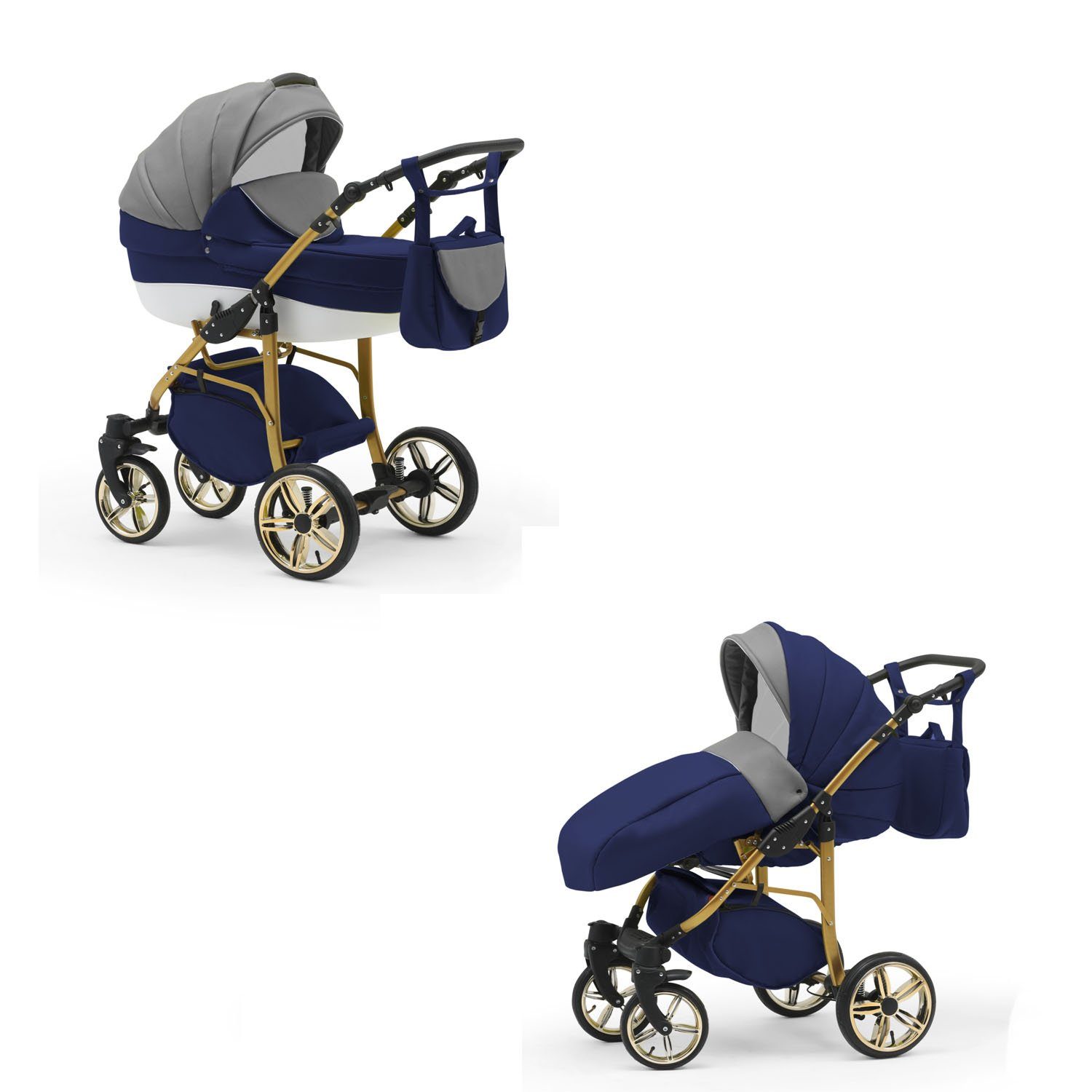 babies-on-wheels Kombi-Kinderwagen 2 46 in 13 Gold - 1 - Grau-Navy-Weiß Teile Cosmo in Farben Kinderwagen-Set
