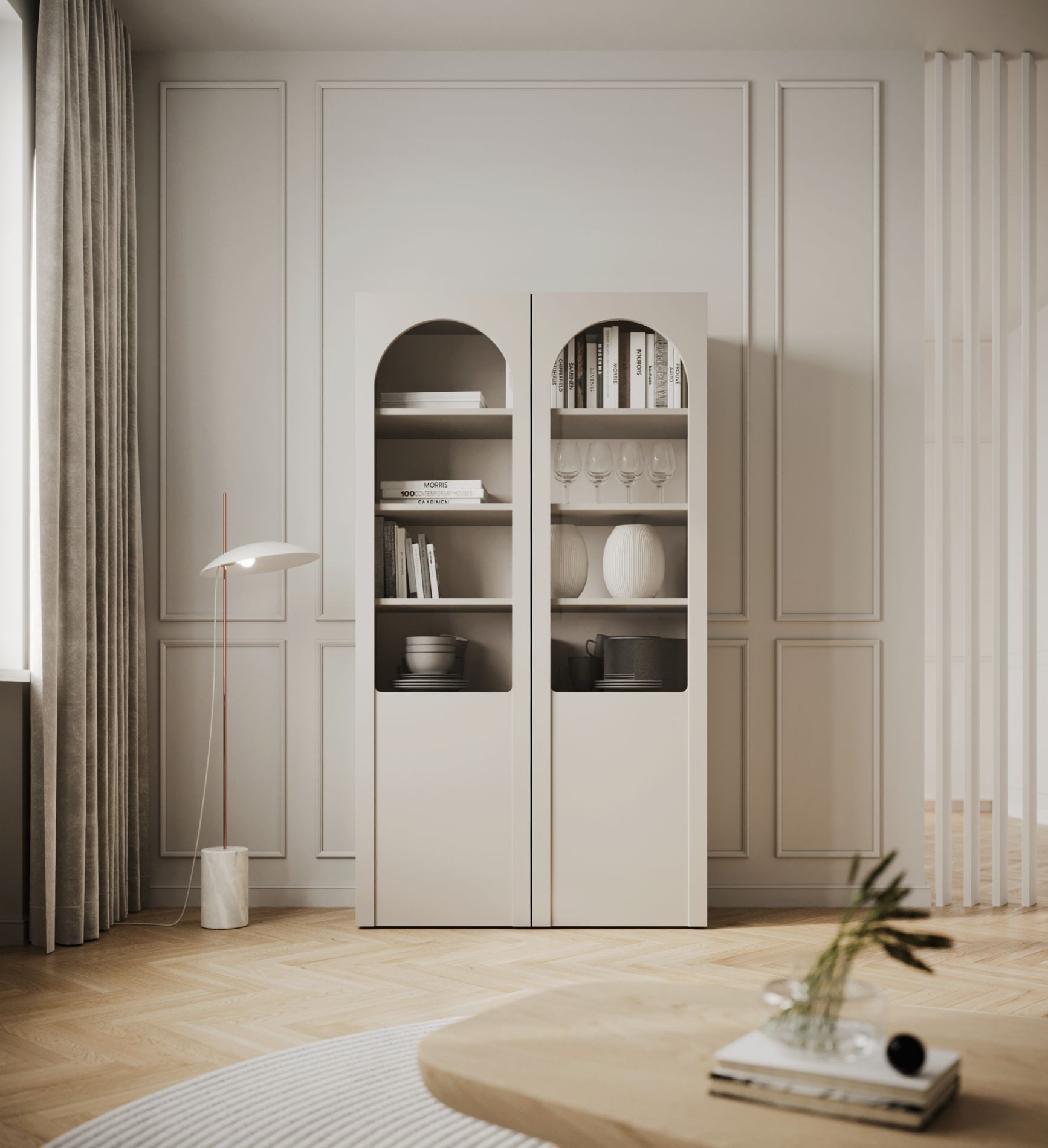 Selsey Standvitrine ARKADIA Vitrine in Kaschmirgrau mit Glasfront & Tip-On-System