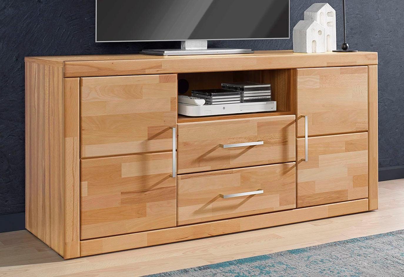 OTTO home Lowboard Logo,130cm breit, Fronten Massivholz,5 Fächer, Holz massiv, Holzwerkstoff, Metall Griffe,2 Türen,2 Schubladen