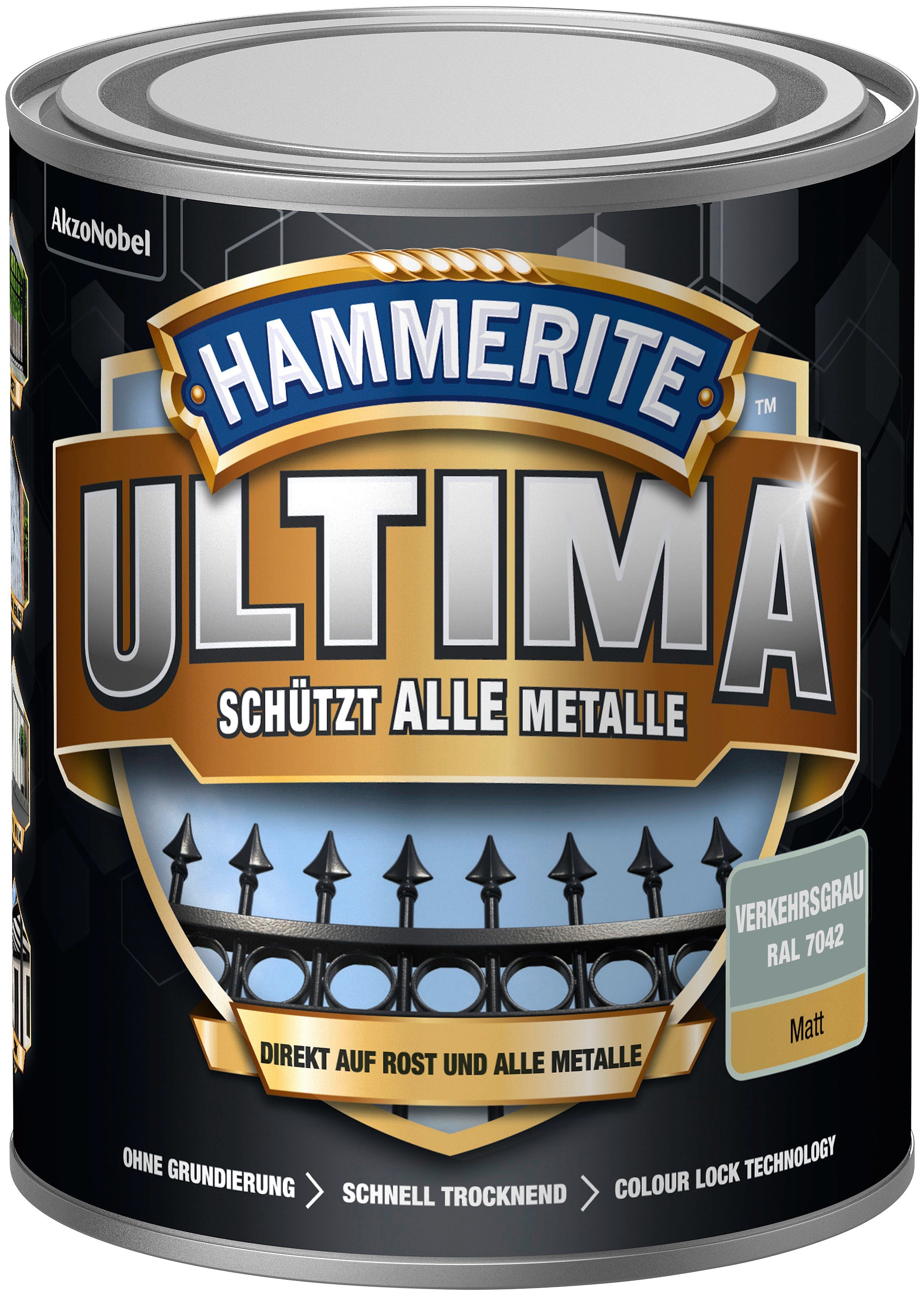 Hammerite  Metallschutzlack ULTIMA schützt alle Metalle, 3in1, verkehrsgrau RAL 7042, matt