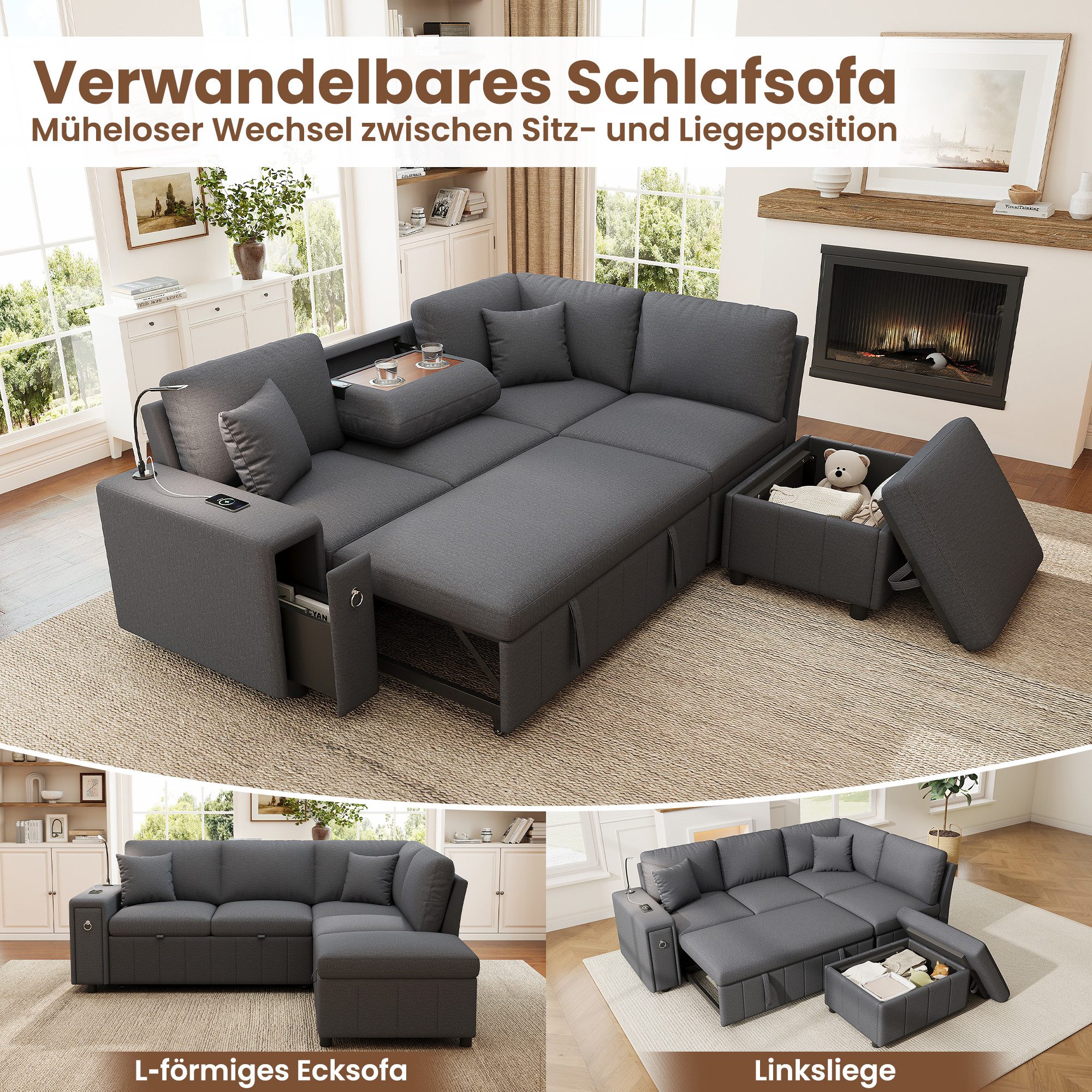 i@home Ecksofa L‑förmiges ausziehbares Ecksofa mit Schlaffunktion, Schlafsofa, USB und Type‑C Anschluss, Leselicht, Stauraum in der Armlehne