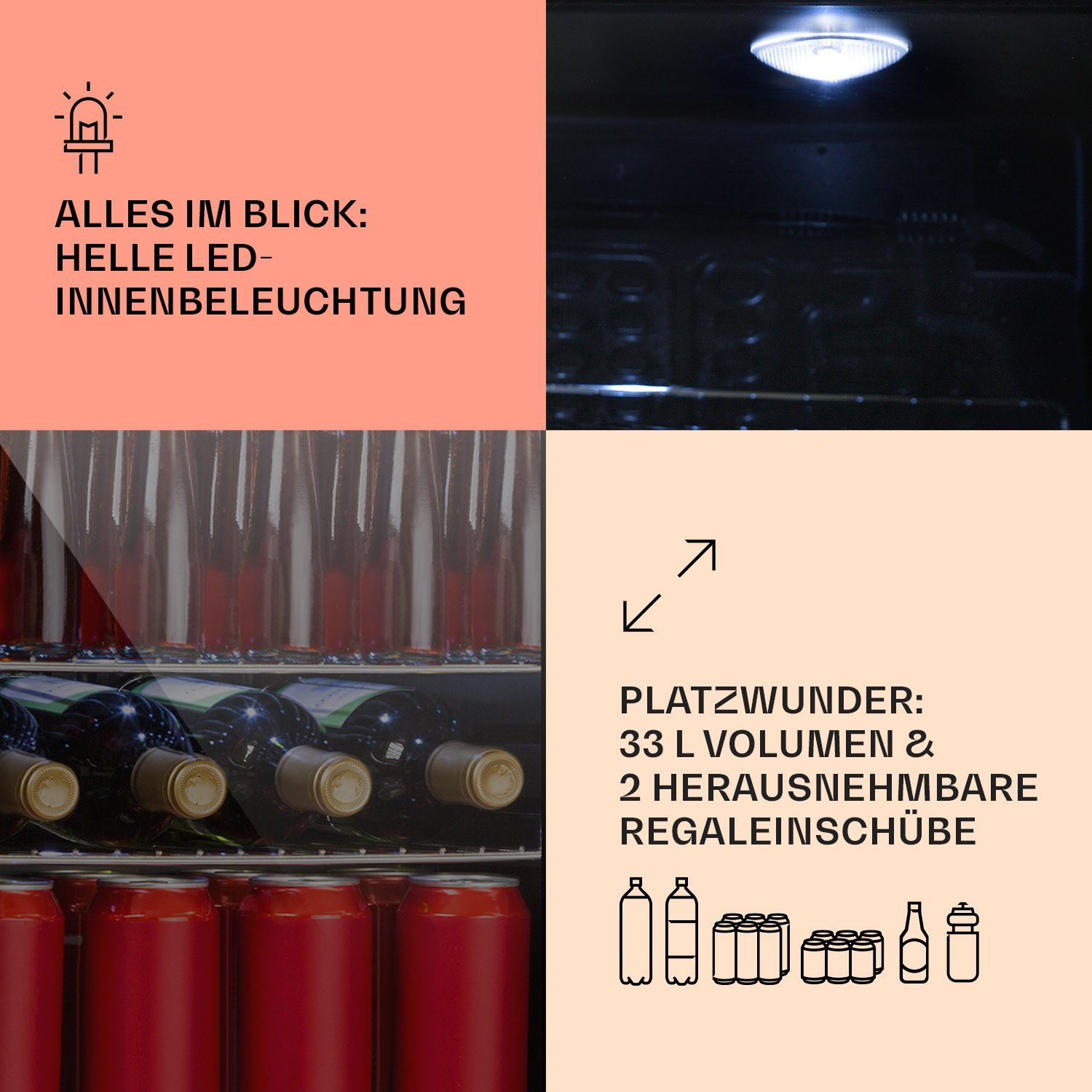 Klarstein Getränkekühlschrank Beersafe M Onyx Getränkekühlschrank 33 L Glastür schwarz 10034847, 55 cm hoch, 40.2 cm breit, Mini Kühlschrank ohne Gefrierfach kl – Bild 5 von 5