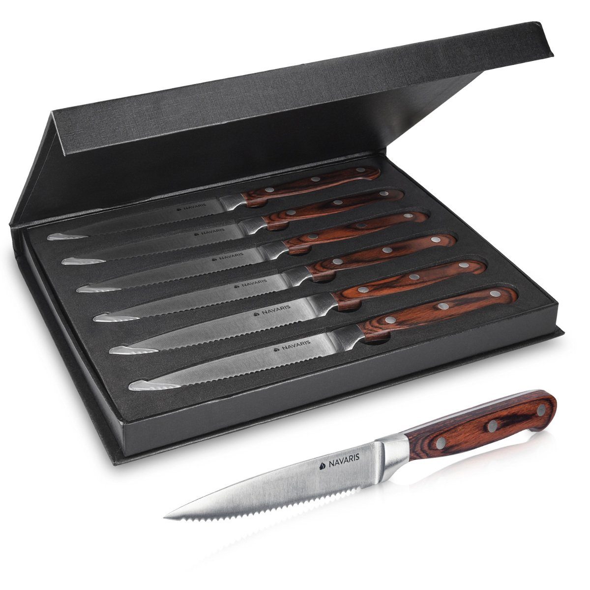 Messer-Set Messer Set 6-teilig mit Holzgriff - Wellenschliff Steakbesteck