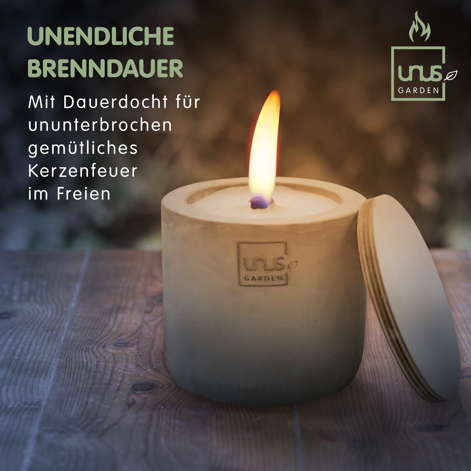 UNUS GARDEN Outdoorkerze Kerzen quaderförmig 2er Set handgemacht (inklusive Nachfüll-Wachs, Löffel und Löschdeckel), Kerzenfeuer Tischfeuer Outdoor-Tischfeuer Beton-Kerze Zylinder-Kerze