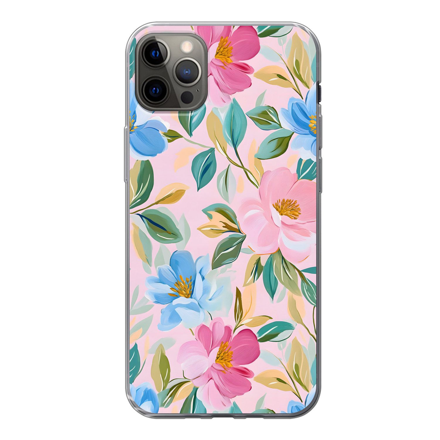 MuchoWow Handyhülle für Apple iPhone 13 Pro Max Blau - Rosa - Blumen, Smartphone-Bumper, Print, Handy Schutzhülle Dünn
