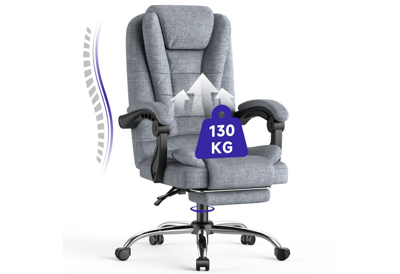 Gywowken Drehstuhl - Ergonomischer Bürostuhl mit Fußstütze & Hoher Rückenlehne (Packung), Höhenverstellbar - Drehstuhl mit 130°-Neigungsfunktion - bis 130 kg