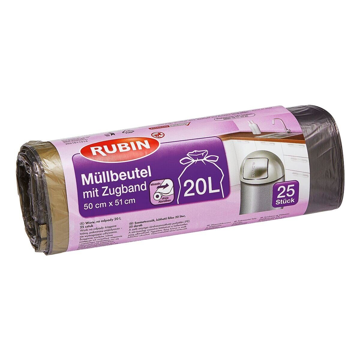 RUBIN Müllbeutel, 25 Stück/ Rolle, mit Zugband, 20 Liter, schwarz
