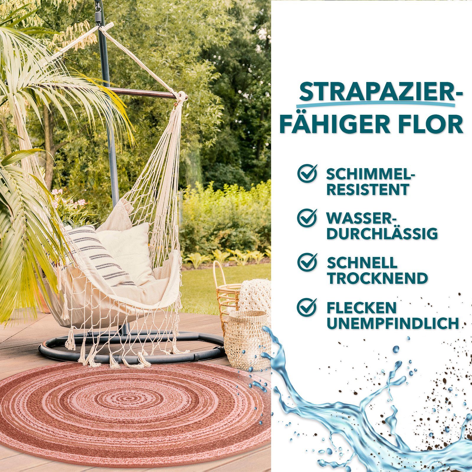 Kubus Teppich Leyla, 4 Farben, In- & Outdoor geeignet, 100% Polypropylen, Rund, Höhe: 7 mm, pflegeleicht, Wohnzimmer