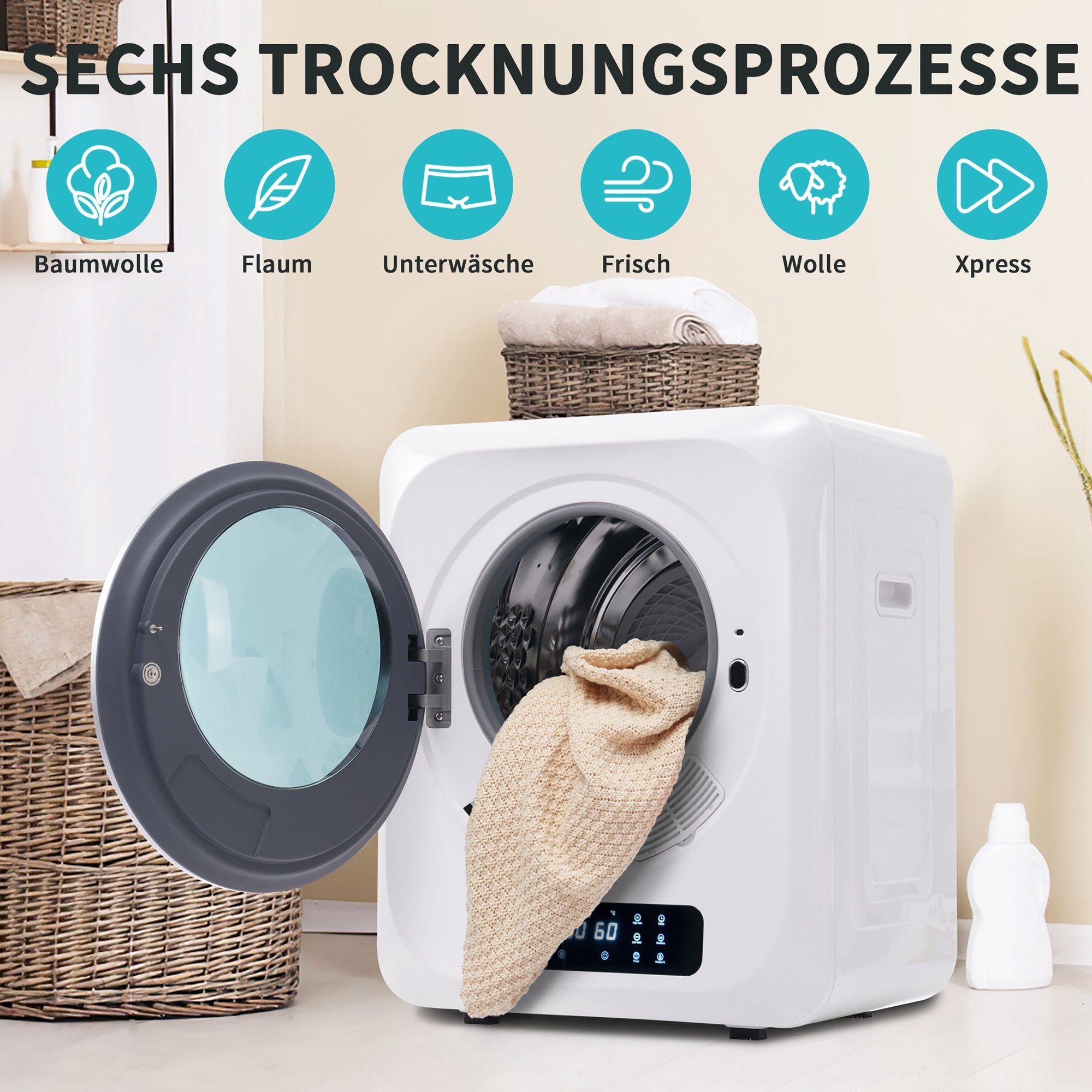 kg, Weiß Programme und Wäschetrockner 6 Merax 2.5 und mit mini-Wäschetrockner Belüfteter UV-Sterilisation Timer freistehend/hängend, LED-Display, mit Ablufttrockner