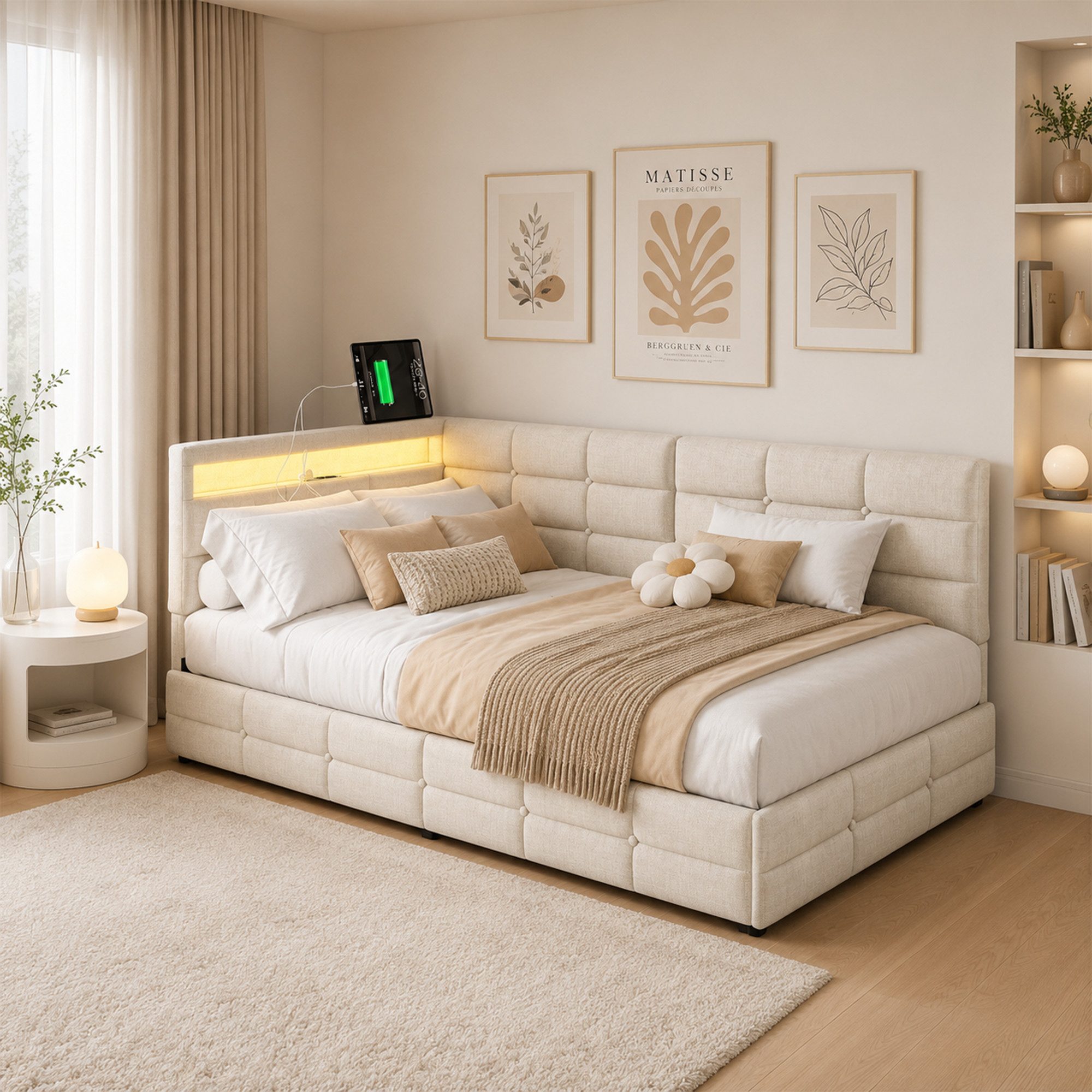 Simurq Polsterbett Polsterbett 90x200 mit L-Kopfteil, Jugendbett, Gästebett (LED-System, USB-Anschluss und Schublade), Modernes Einzelbett aus Leinenoptik-Stoff mit Stauraum