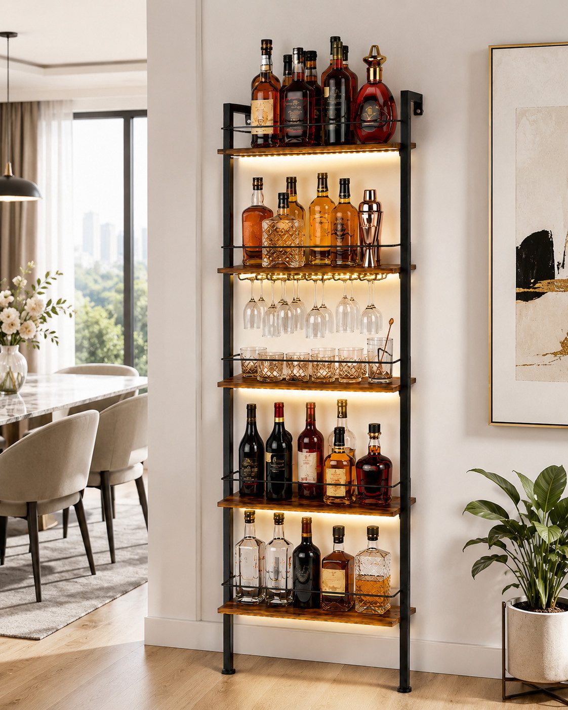 Yorbay Weinregal Flaschenregal mit 5 Ebenen, freistehendes Barregal, für bis zu 50 Flaschen,43,3 x 20 x 173,0 cm, mit Weinglashalter, LED-Beleuchtung & Metallum – Bild 3 von 5