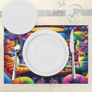 Platzset, Waschbare Stoff Esszimmer Küche Tischdekorations Digitaldruck, Abakuhaus, (4-teilig, 4-St., Set aus 4x), Katze Farbenfrohes Kätzchen in psychedelischer Szene