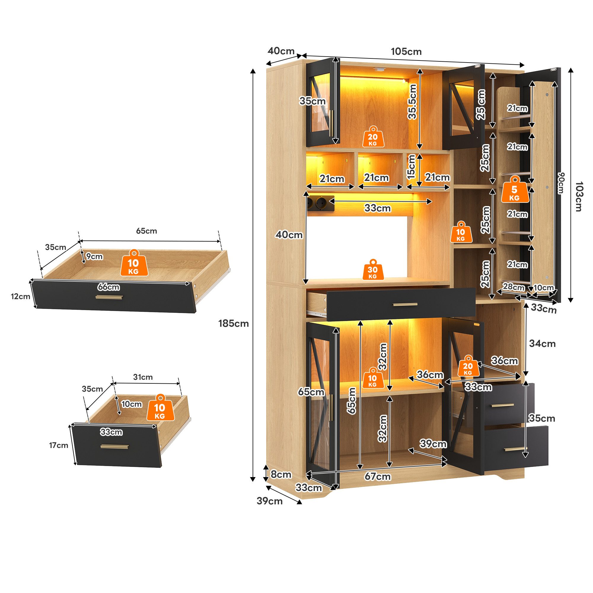 Welltin Highboard Küchenschrank im Scheunenstil mit Vitrine und Aufbewahrung, mit Böden Schublade LED-Beleuchtung und Steckdosen 185 × 105 × 40 cm