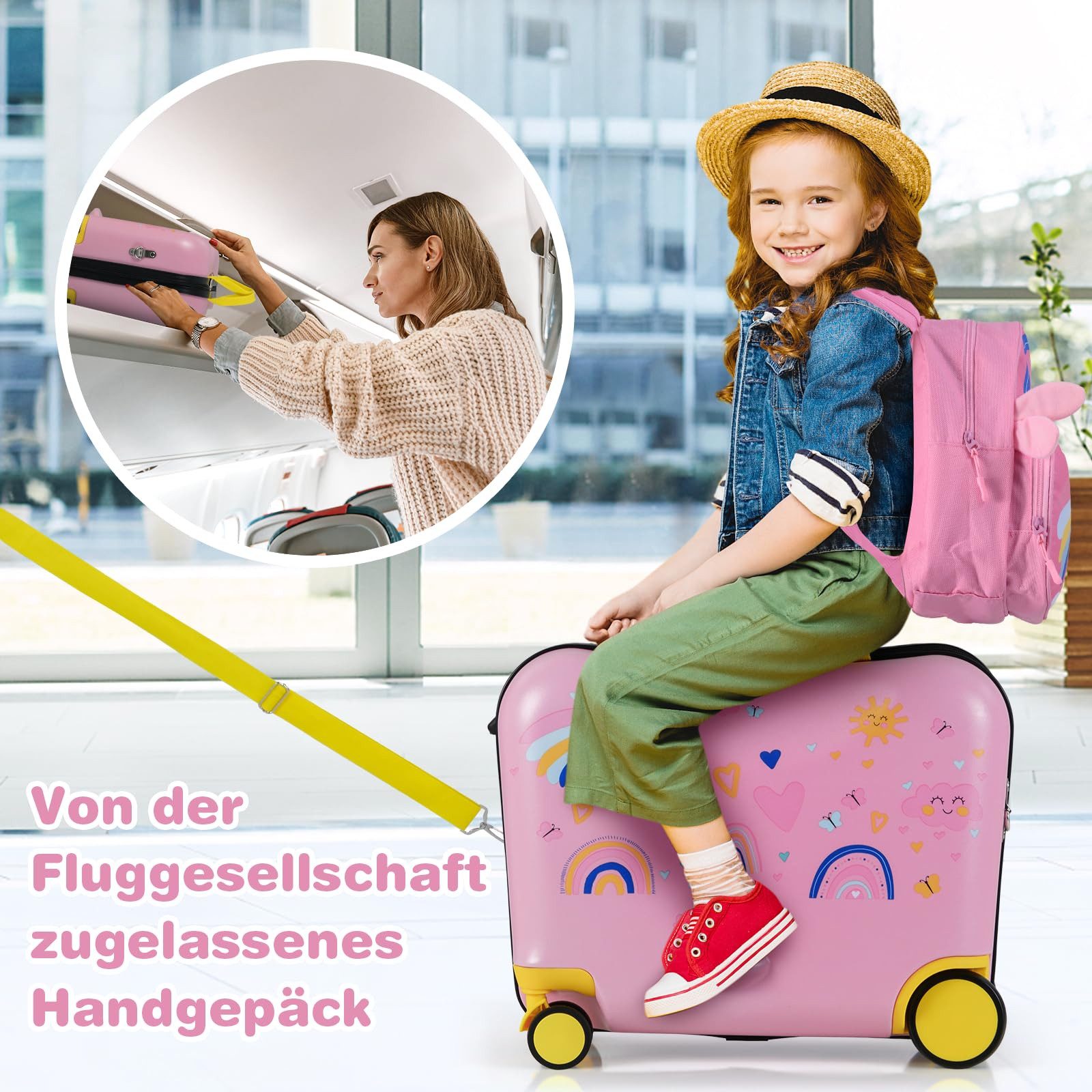 COSTWAY Kinderkoffer 12"+18" Kindertrolley, zum sitzen, mit 4 Rollen & Rucksack