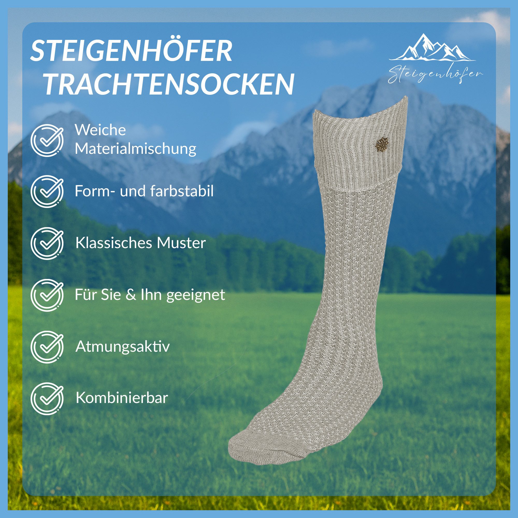 Steigenhöfer Manufaktur Trachtensocken für Herren und Damen – Socken mit Zopfmuster und Edelweißanstecker Oktoberfest Strümpfe aus Baumwolle für Männer & Frauen