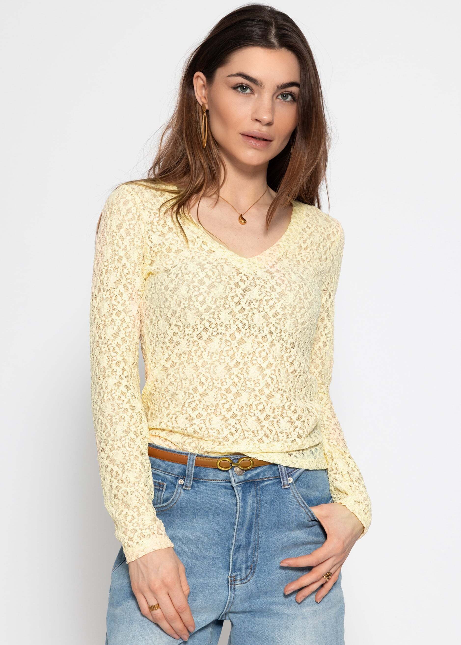 SASSYCLASSY Langarmshirt Spitzenshirt mit V-Ausschnitt für Damen Elegantes Langarmshirt mit floralem Muster in leichter Transparenz