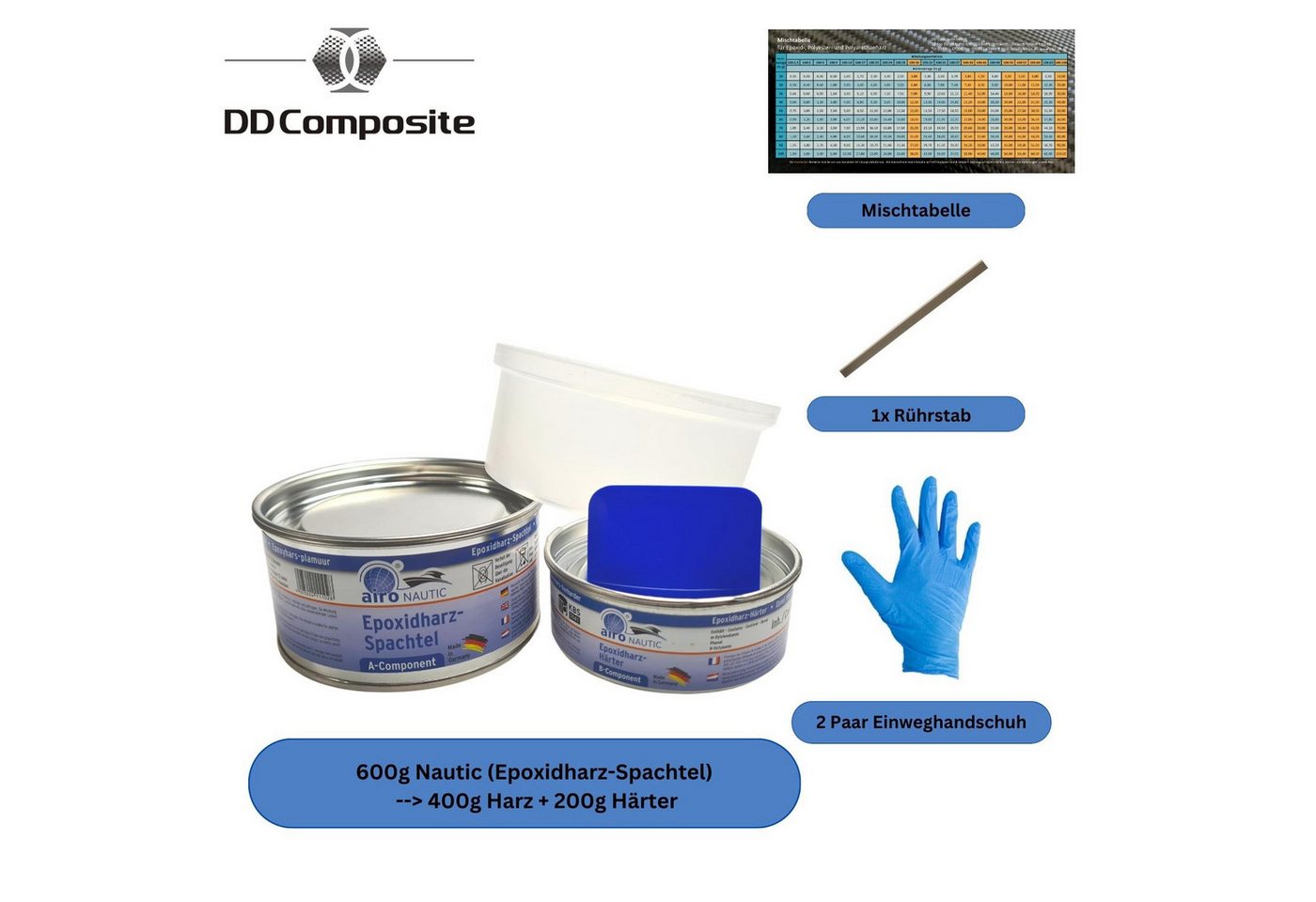 Thumbnail - DD Composite Fertigspachtel 600g Nautic Set, Epoxidharzspachtelmasse, (schnell härtend, gut schleifbar, wasserbeständig)...