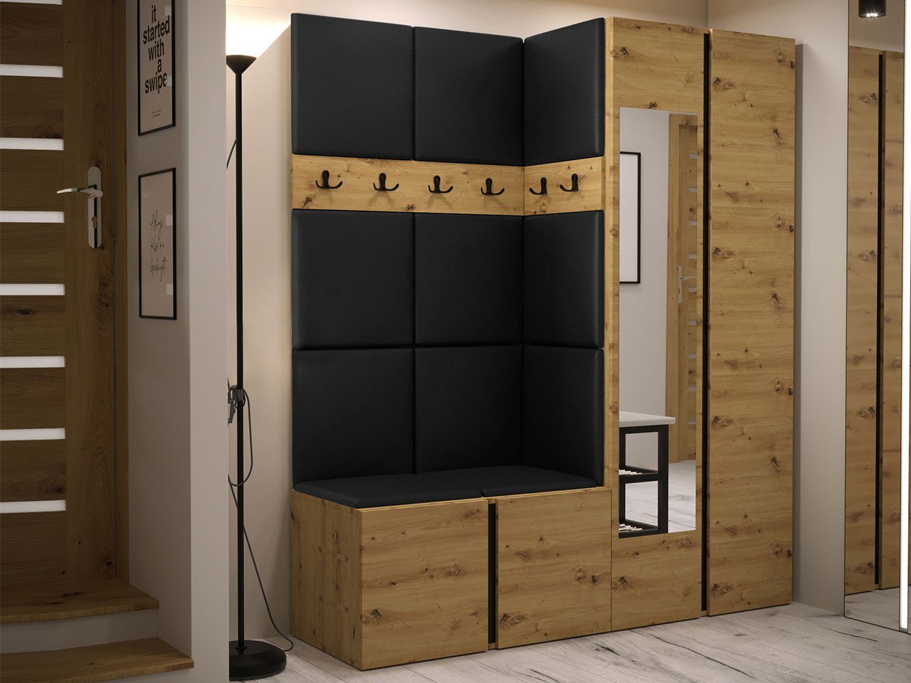 MIRJAN24 Garderoben-Set Orion XII, (Komplett-Set, Schrank, Schrank mit Spiegel, 2x Kleiderhaken, Paneel 11x 42x42), Auswahl aus Fronten und Polsterplatten