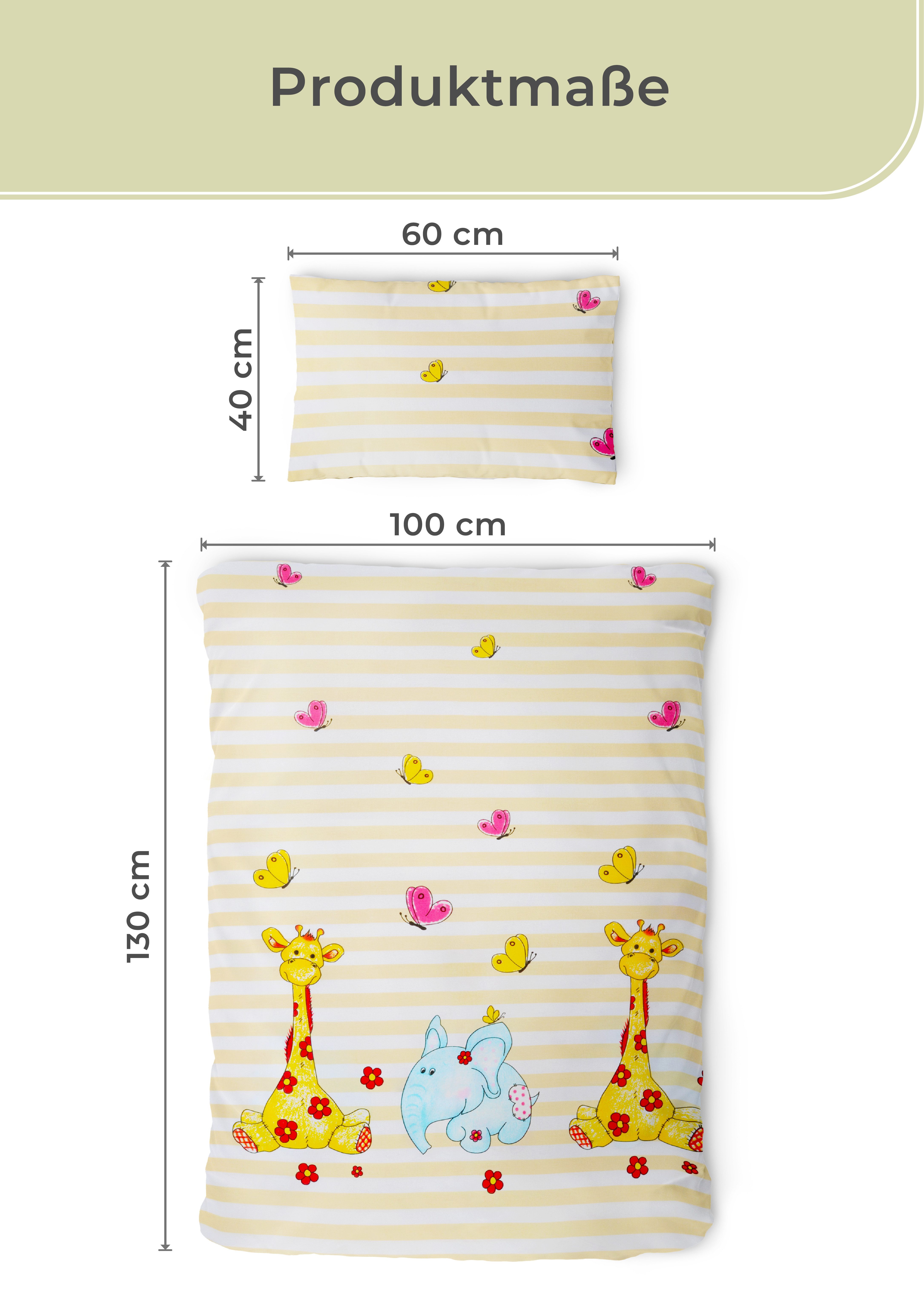 Gräfenstayn Kinderbettwäsche Set mit Tiermotiv und integriertem Reißverschluss - aus 100% Baumwolle, 2 teilig, Deckenbezug 135x100cm und Kissenbezug 60x40cm (Giraffe/Elefant)