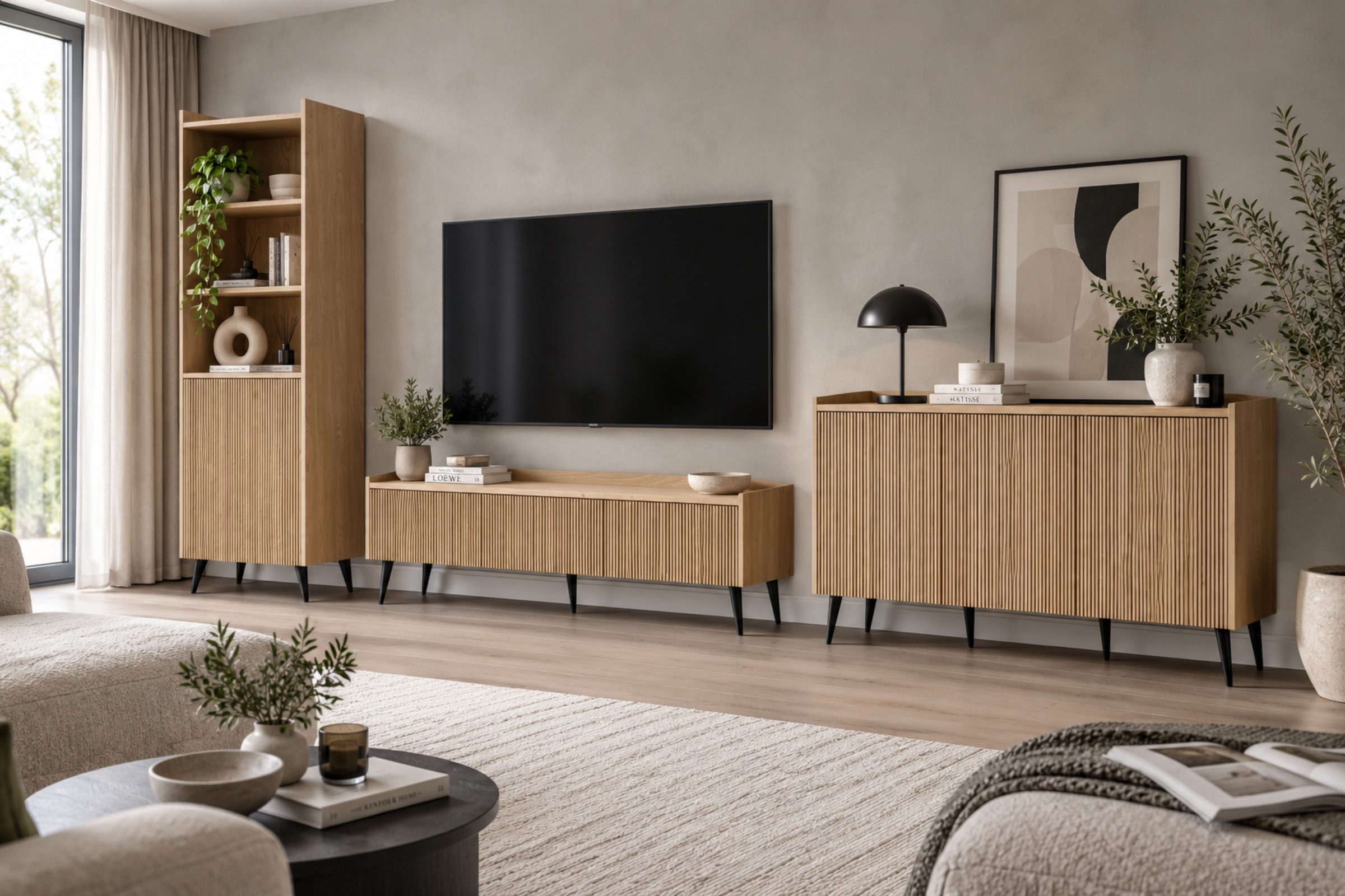 Deine Möbel 24 Wohnzimmer-Set DALIA A mit Kommode, TV-Lowboard, Regal & Couchtisch in Frühlingseiche, (Set, 3-St., DALIA - Kollektion, schwarze Metallfüße), dekorative Riffelfronten, grifflose Push-to-Open-Funktion