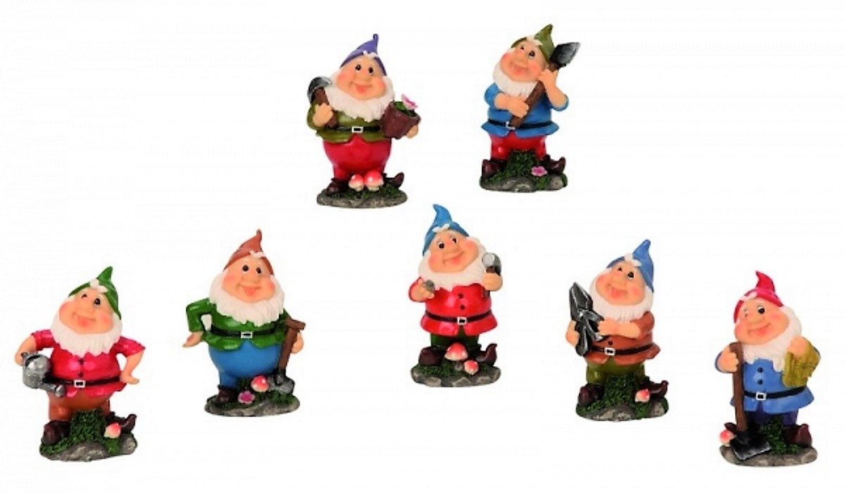 Geschenkestadl Gartenzwerg Deko-Zwerge 7er Set 7 cm – Bunte Gartenzwerge mit versch. Motiven, (7 St)