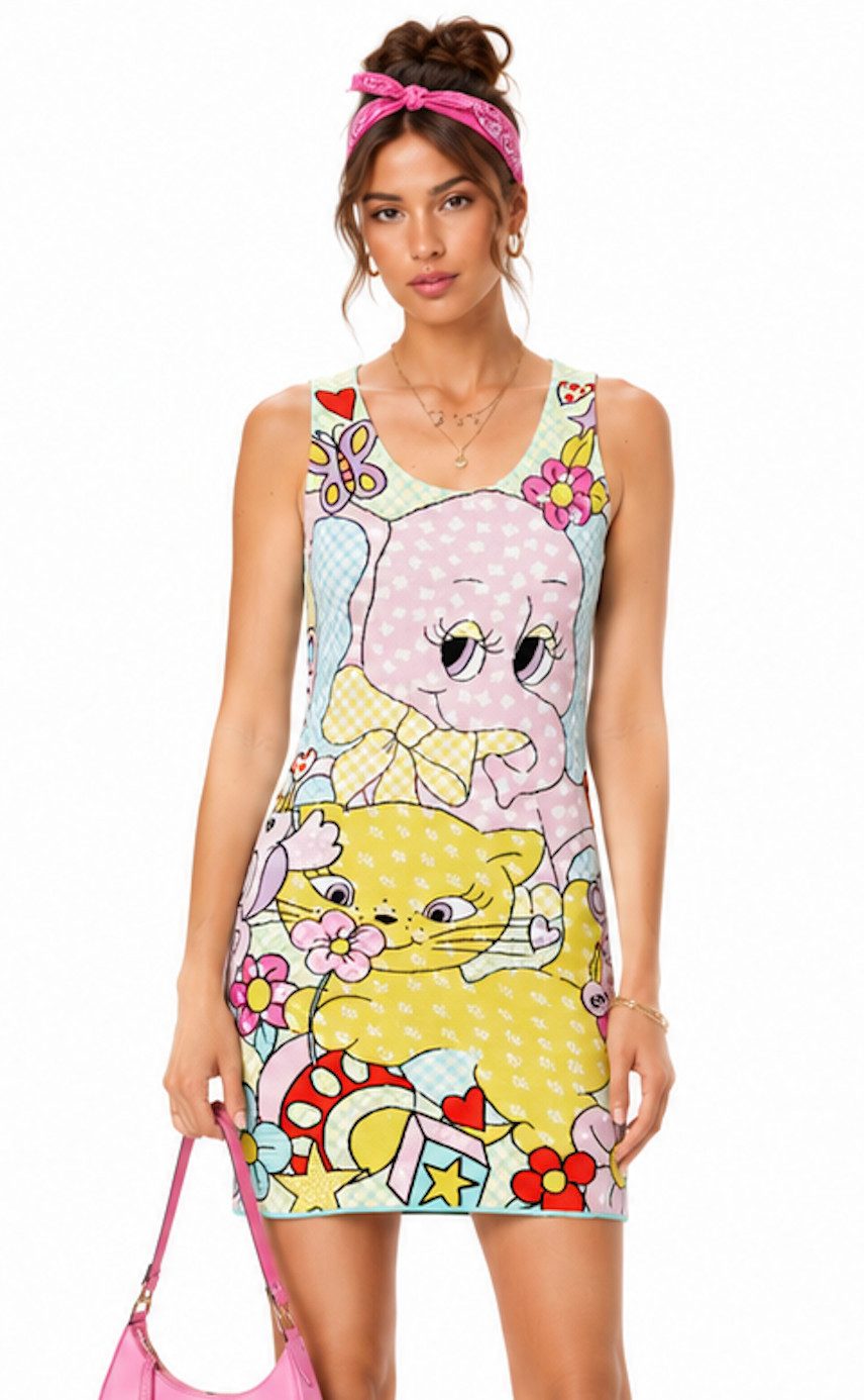 Moschino Minikleid Milano Menagerie Midi Jacquard Kleid Deadstock Limited Auffälliger Allover-Jacquard mit Animal,Blumen,Comic-Motiven