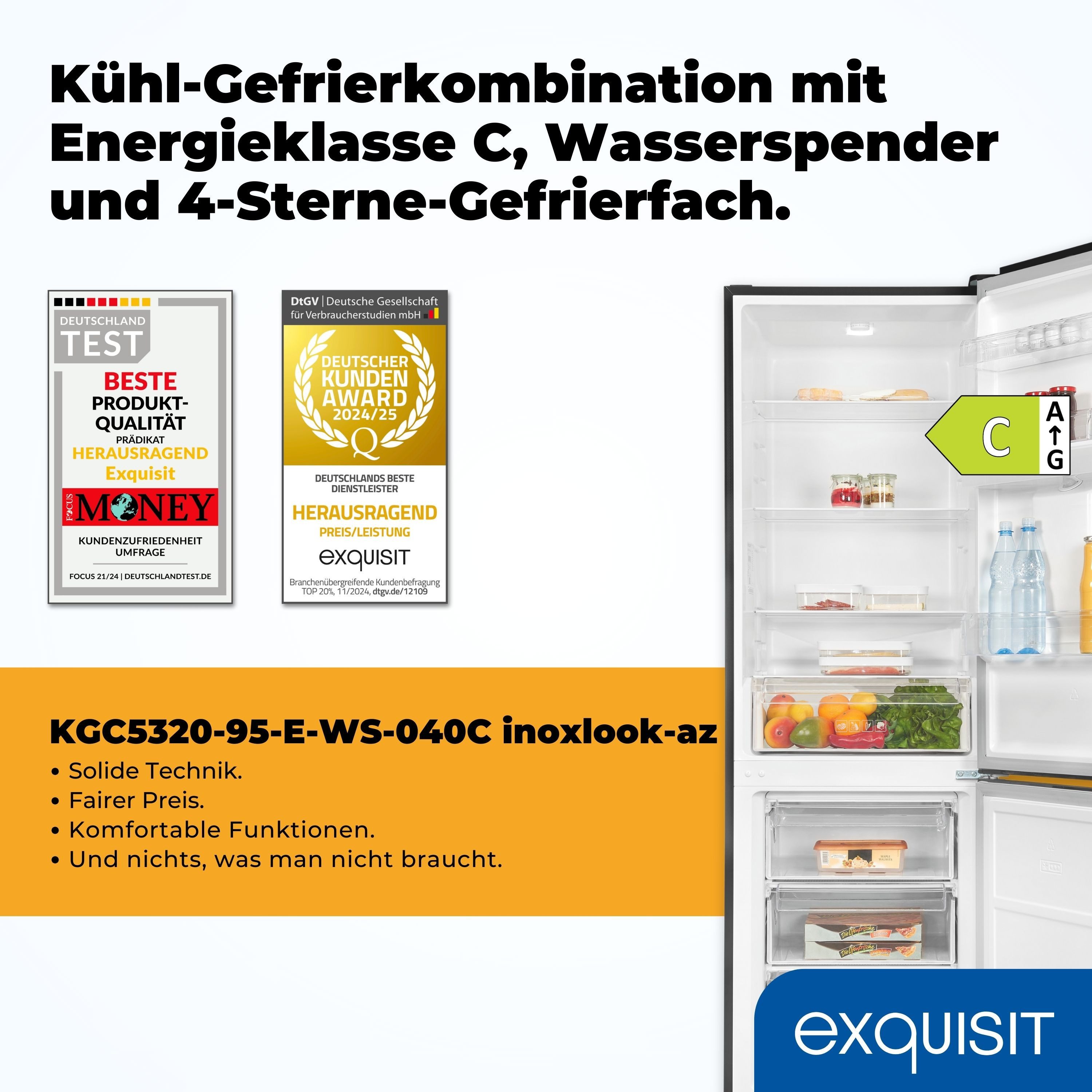 exquisit Kühl-/Gefrierkombination KGC5320-95-E-WS-040C, 185.8 cm hoch, 60 cm breit, Kühlschrank mit Wasserspender, 4-Sterne-Gefrieren, Alarm-Funktion