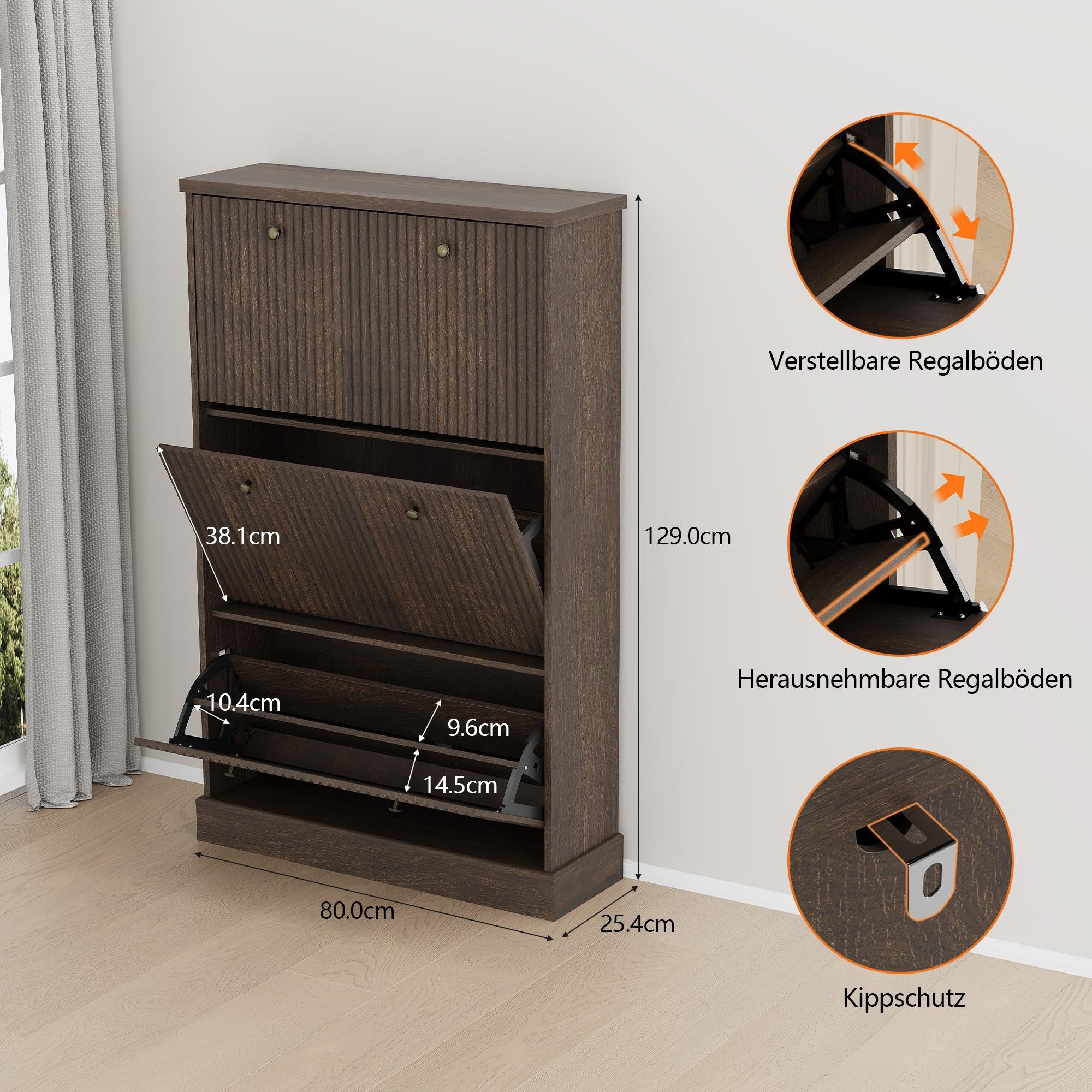 GarveeMore Schuhschrank Moderner Rillenprofil mit 3 Klappschubladen verstellbare Einlegeböden (1-St) (B80/T25/H129 cm) Schuhregal für 18–24 Paar Schuhe, für Flur und Diele