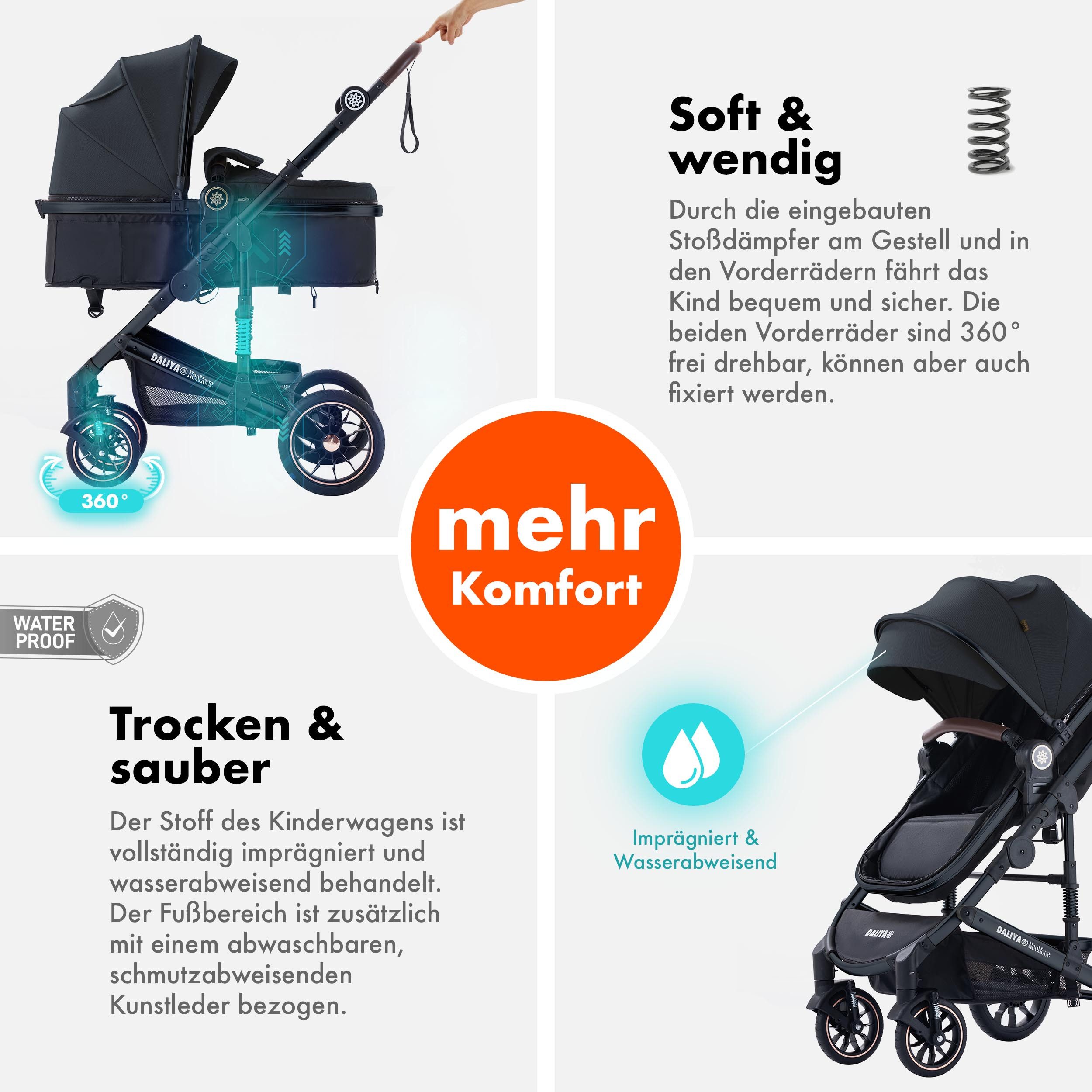 Daliya® Kombi-Kinderwagen NEOMOVE 2in1 Kinderwagen, Buggy und Babywanne in einem, Babywanne und Sportsitz, Alu-Rahmen, Großer Einkaufskorb – Bild 2 von 5