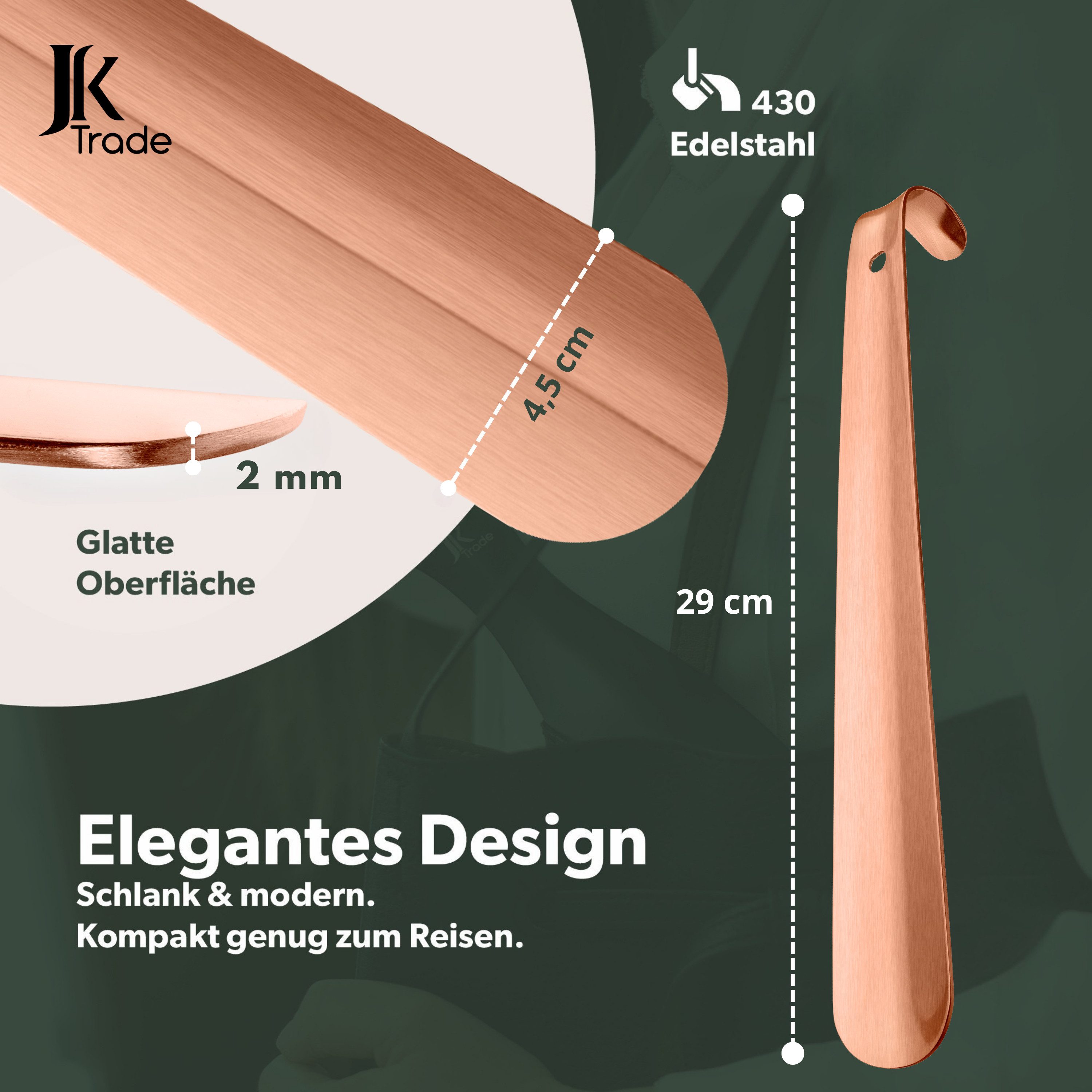 JK Trade Schuhlöffel 29cm Edelstahl Kupfer poliert (1-tlg., klein & stabil), für jede Sporttasche – Aufhängbar & hochwertig verarbeitet