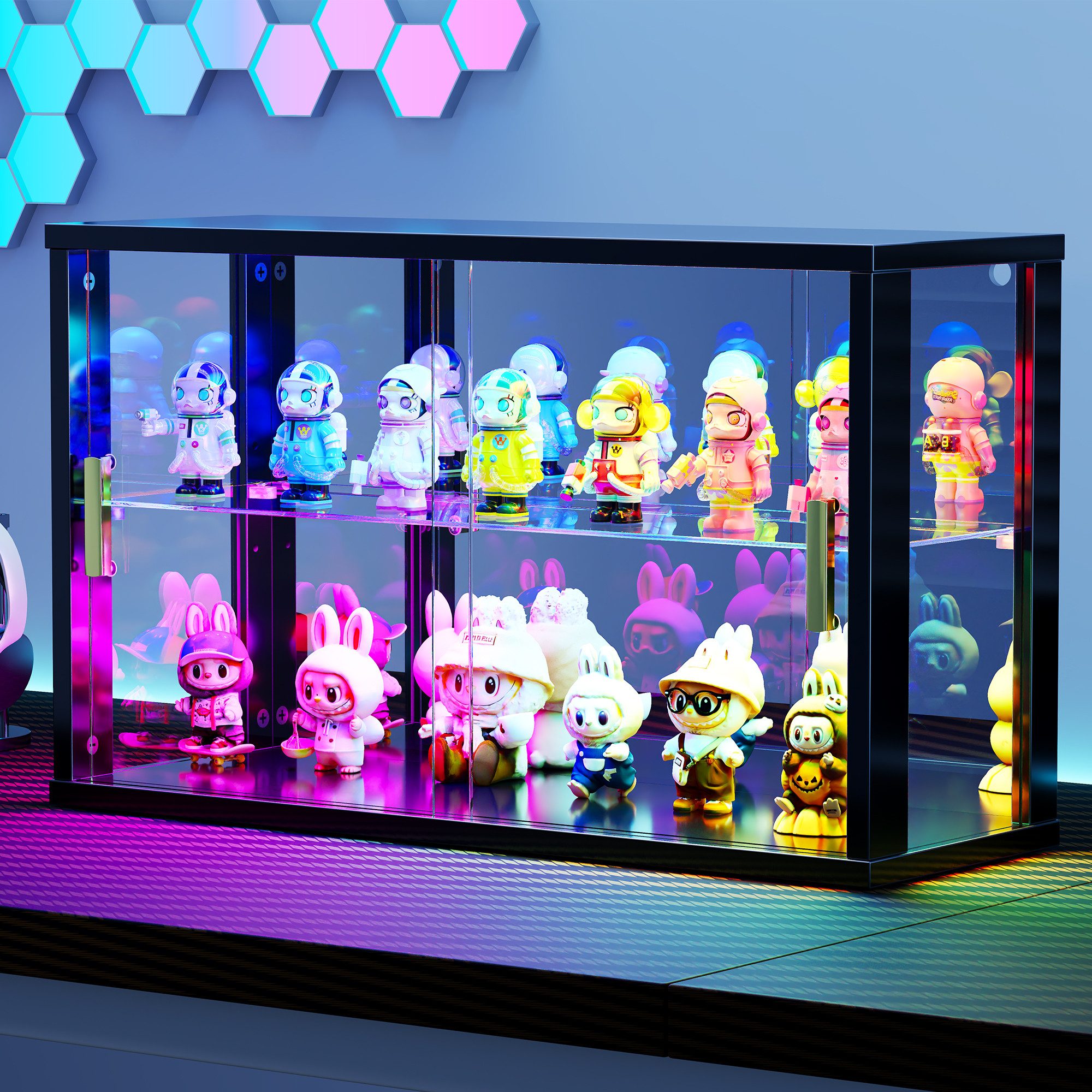 LVSOMT Glasvitrine mit RGB-LED Beleuchtung und Schiebetüren für Sammlerstücke (1-St., Staubgeschützte, Flexible Aufbewahrung) mit Gehärtetem Glas für Wohnzimmer Schlafzimmer