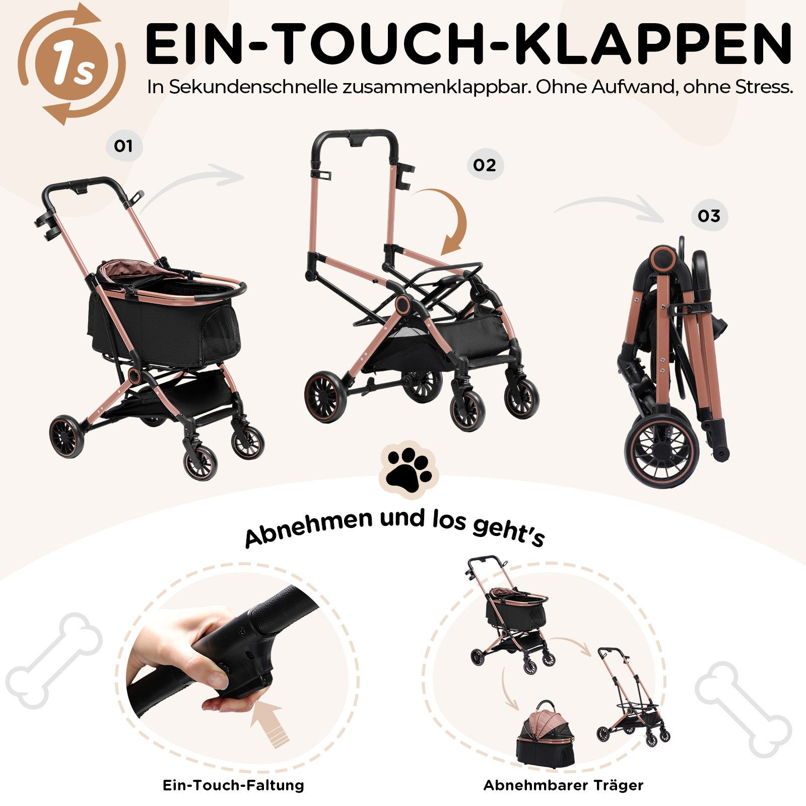 COMHOMA Hundebuggy Hundewagen klappbar bis 25KG, 4-in-1 Faltbar Katzenwagen, 180° verstellbaren Markise und Getränkehaltern