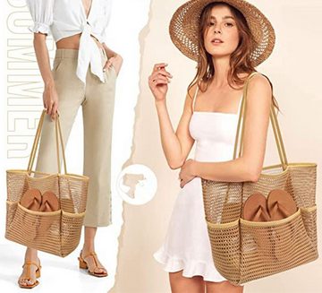 XDeer XL-Strandtasche Strandtasche Groß, Faltbare Mesh Beach Bag Damen Shopper Handtaschen, mit Mehreren Taschen, Umhängetasche Badetasche mit Reißverschluss