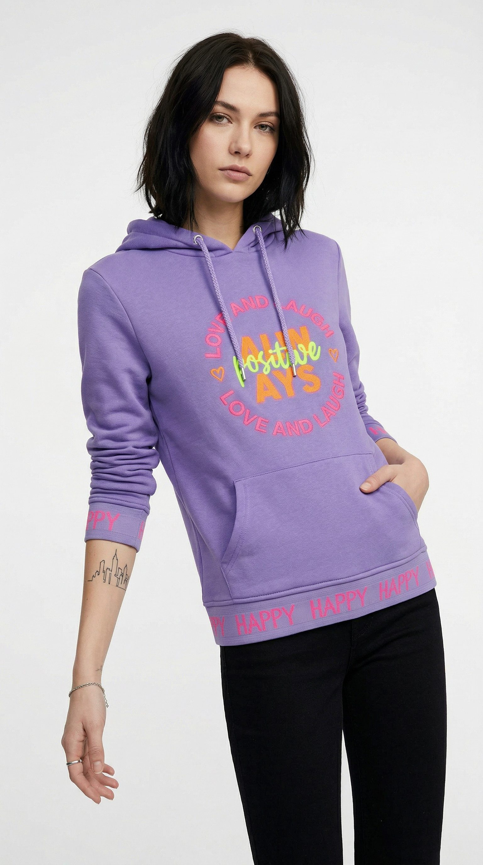 Zwillingsherz Hoodie "Always Positive" Kapuze, Stickerei, Fronttasche, Bündchen-Schriftzug, Langarm