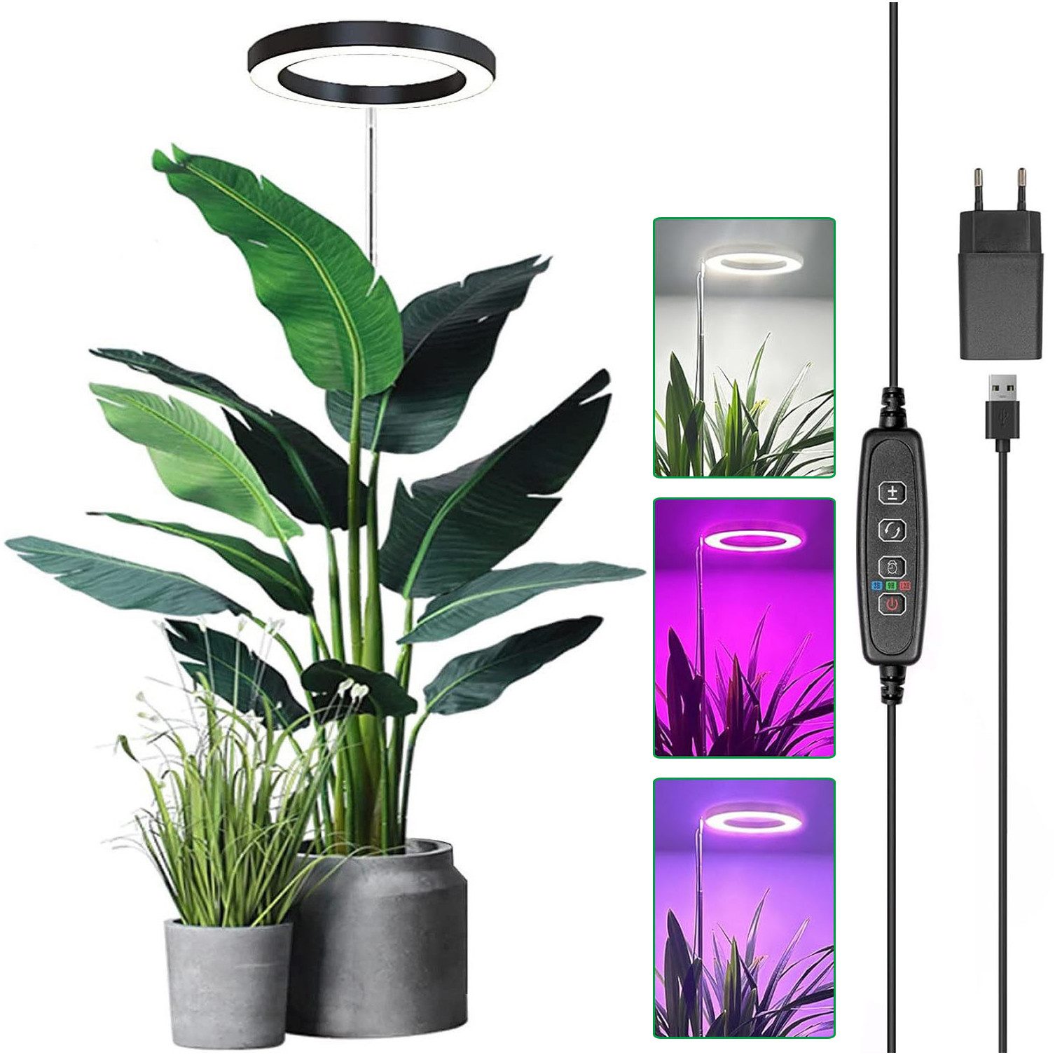 Jibenhome Pflanzenlampe LED Vollspektrum Pflanzenlicht für Zimmerpflanzen, Höhenverstellbares, mit Zeitschaltuhr 3/9/12 Std, USB, 3 Lichter Modi und 10 Helligkeit