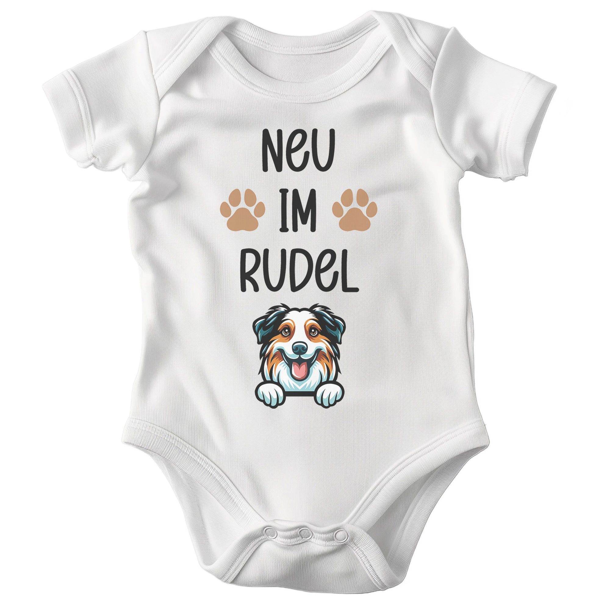 22Feels Kurzarmbody Bio Unisex Babybody Weiß Australian Shepherd Neu im Rudel Geschenk BIO-Baumwolle - In Deutschland Bedruckt - Niedlicher Print