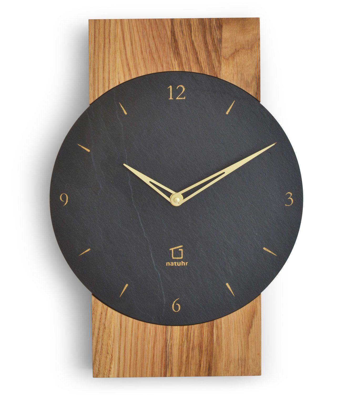 Natuhr Wanduhr eiche Massivholz Eiche Schiefer Quarzwerk günstig online kaufen