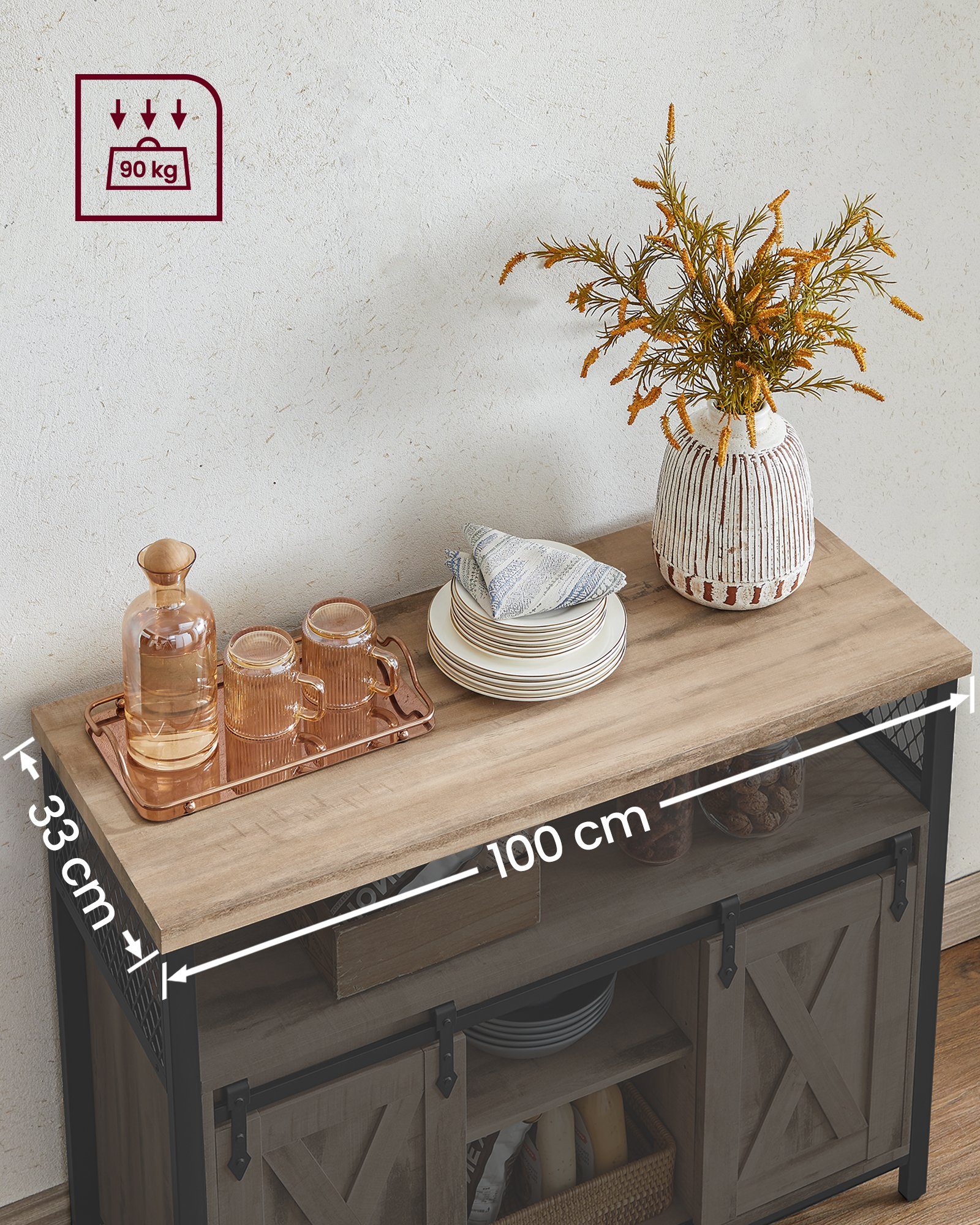 Küchenschrank, Sideboard VASAGLE Schiebetüren, 2 verstellbare Ablagen mit Naturfarben-Schwarz