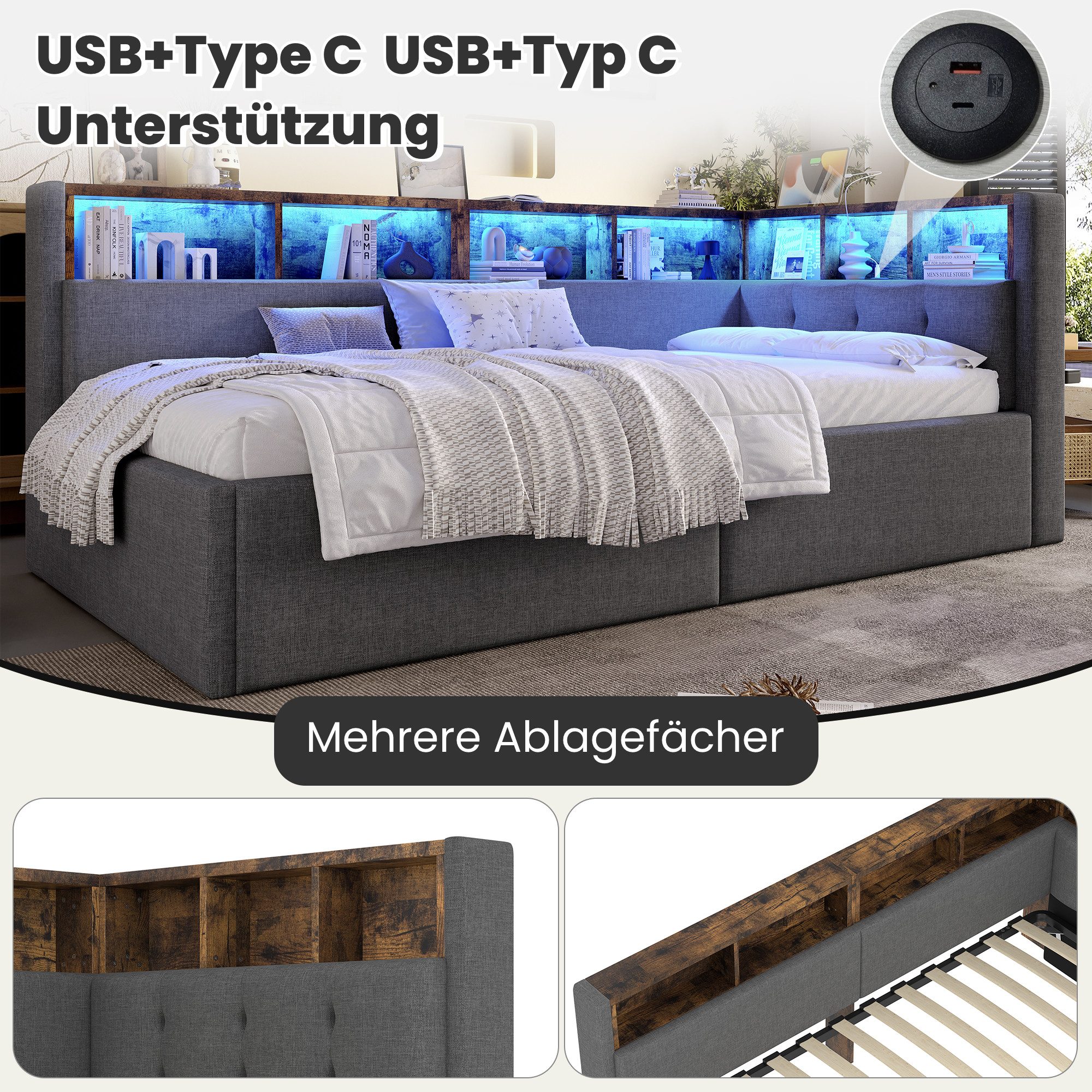 Odikalo Schlafsofa Schlafcouch mit Bettkasten und LED, Tagesbett, Daybett, 90×200 cm, USB- + Typ-C-Anschlüsse, hydraulische Aufbewahrungsfunktion, mehrere Stauf – Bild 4 von 5